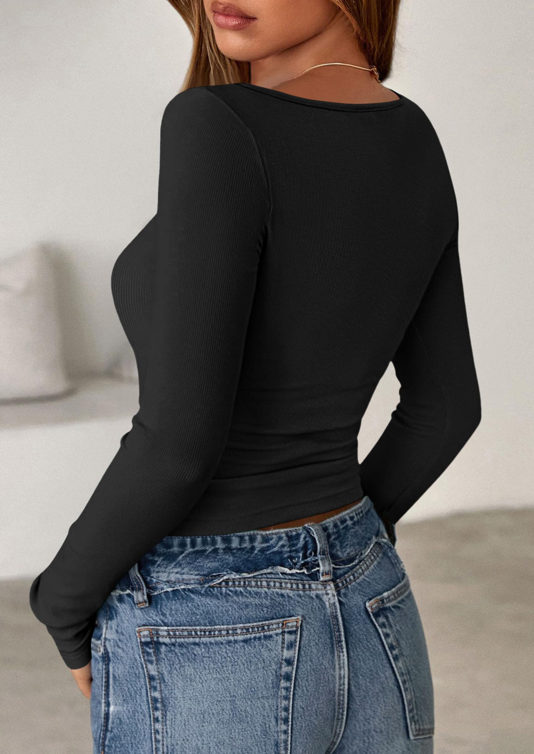 Long Sleeve T Shirts for Women Basic Ribbed Boat Neck Tops