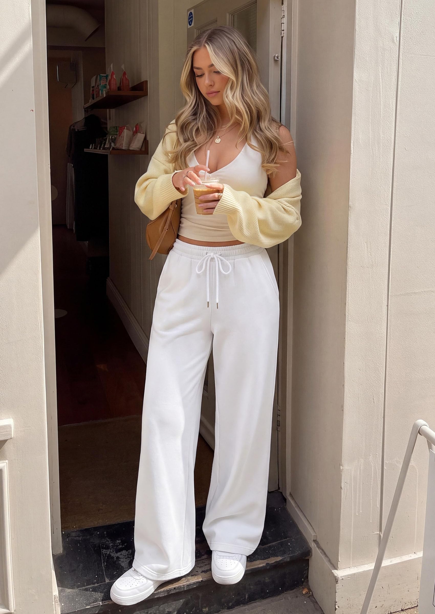 Womens Wide Leg Sweatpants Fleece Fall Sweat Pants,White