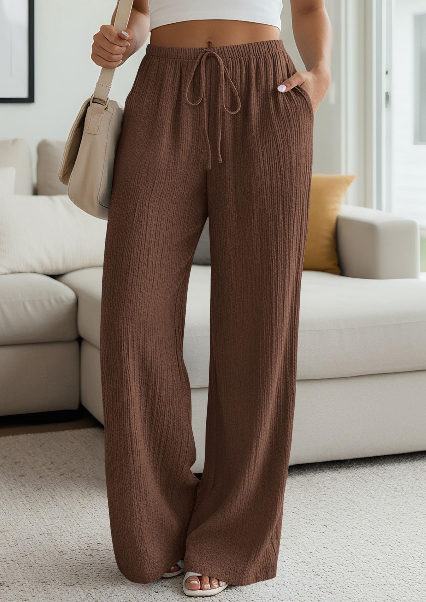 Women's Palazzo Pants Casual Wide Leg Trousers,Brown,M