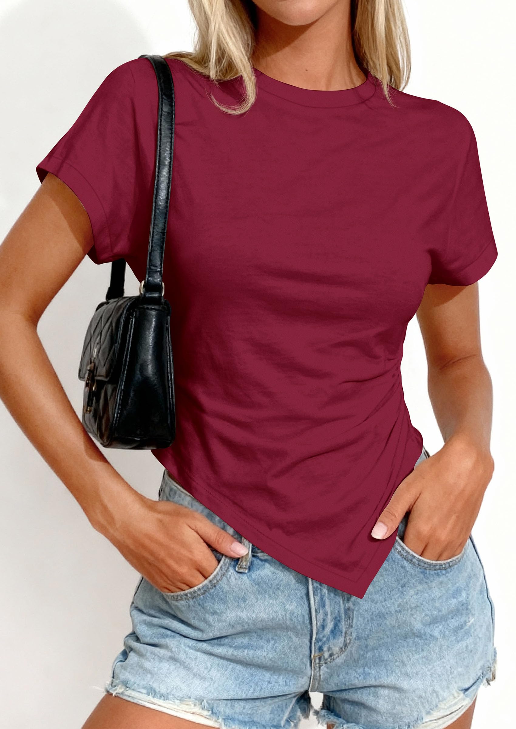 Womens Asymmetrical Summer Short Sleeve Tops,Wine Red,XS