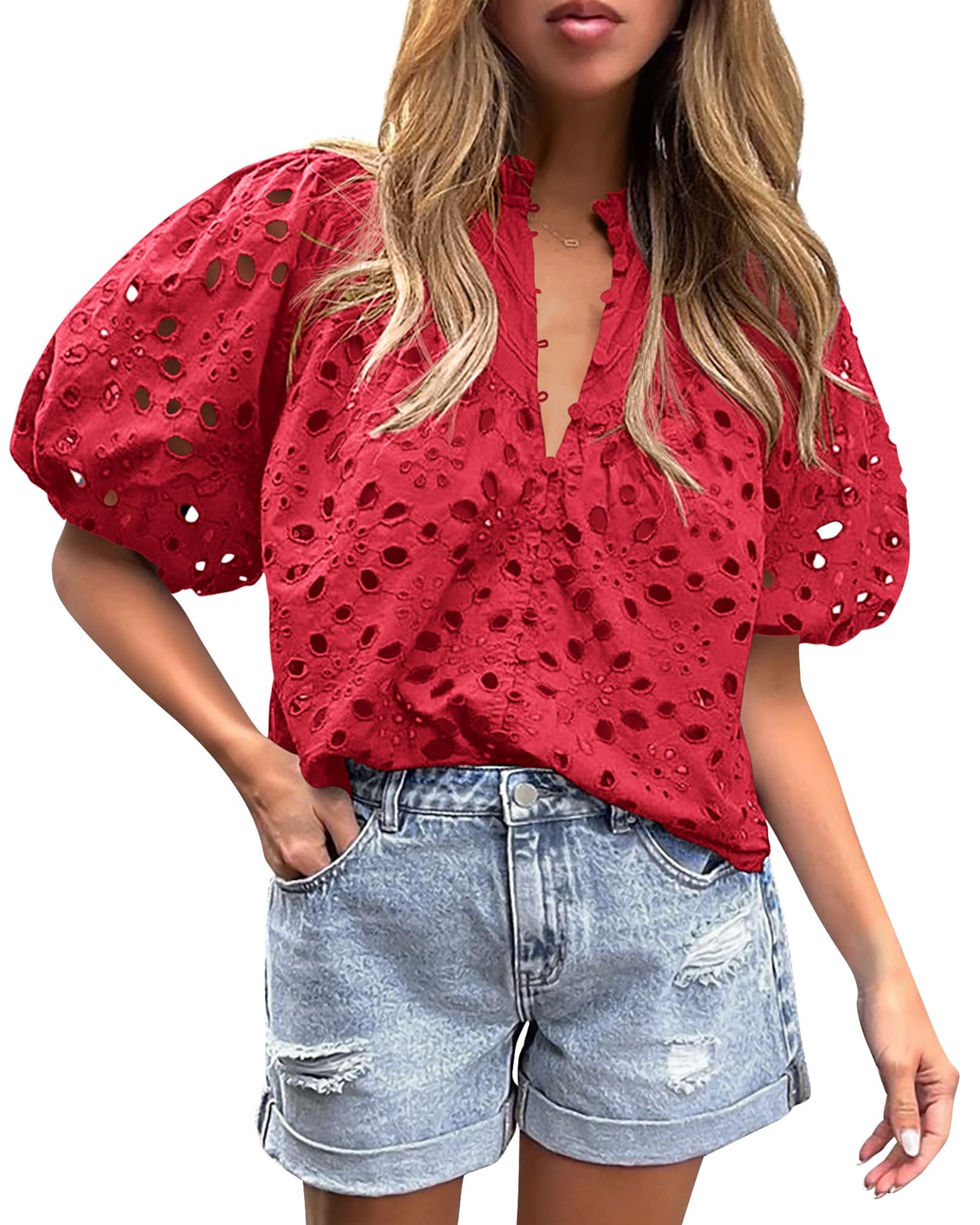 Womens Tops Boho Eyelet Puff Sleeve Blouse, Red,S