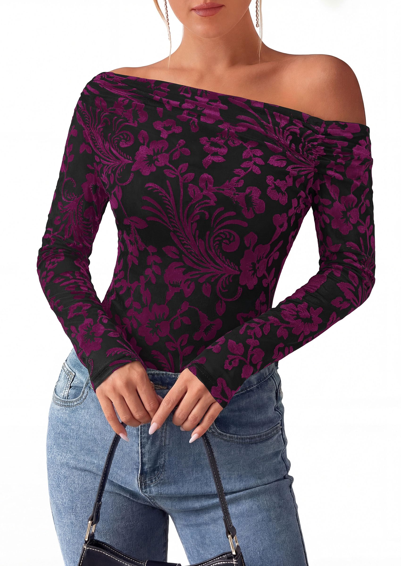 Off the Shoulder Tops for Women Fall Mesh Floral Blouses