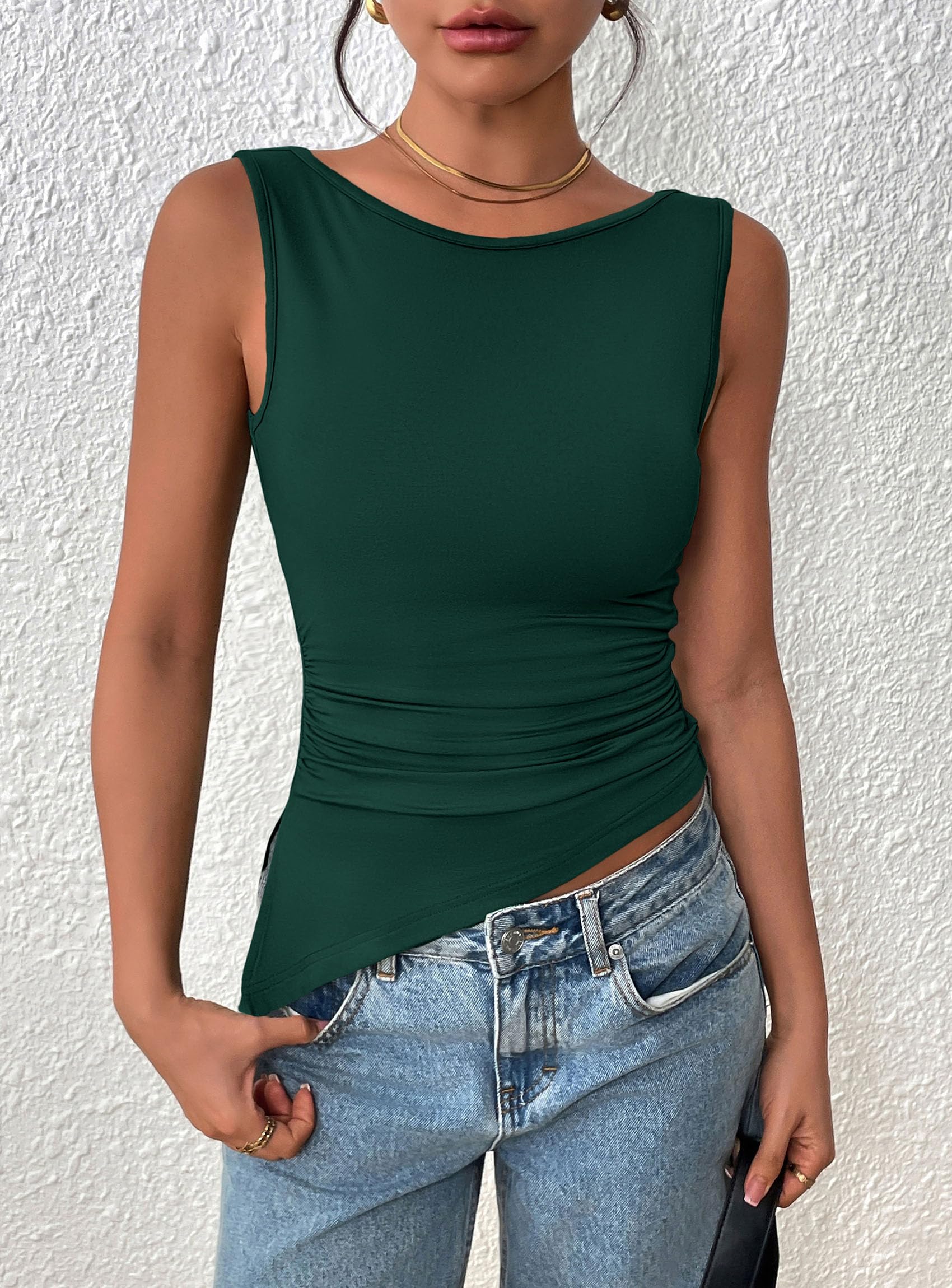 Women's Ruched Tank Tops Summer Y2K Shirts,Dark Green,S