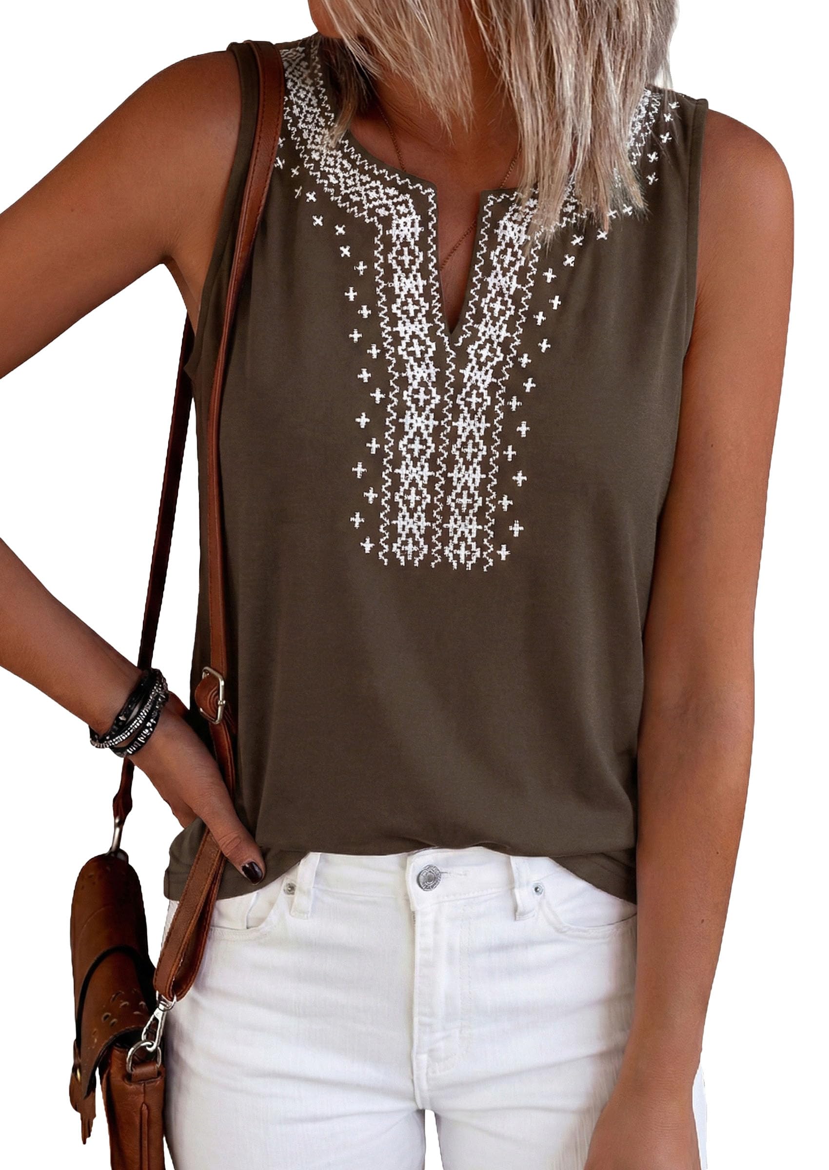 Womens Embroidered Sleeveless Tank Tops Brown,S