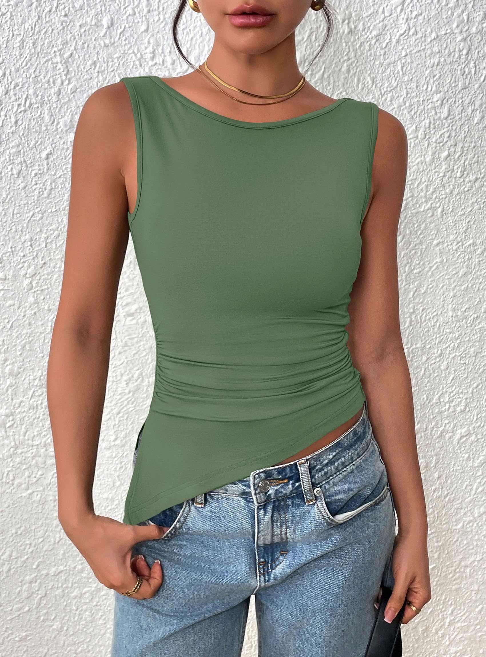 Women's Ruched Tank Tops Summer Y2K Shirts,Sage Green,S
