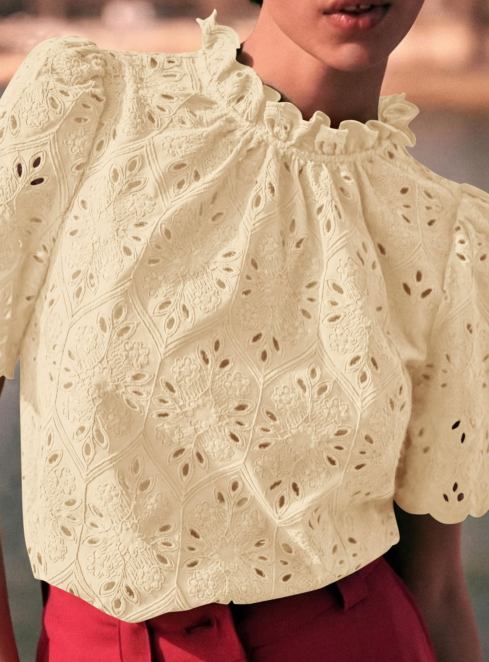 Women Summer Tops Eyelet Embroidered Shirts,Beige Yellow,XS