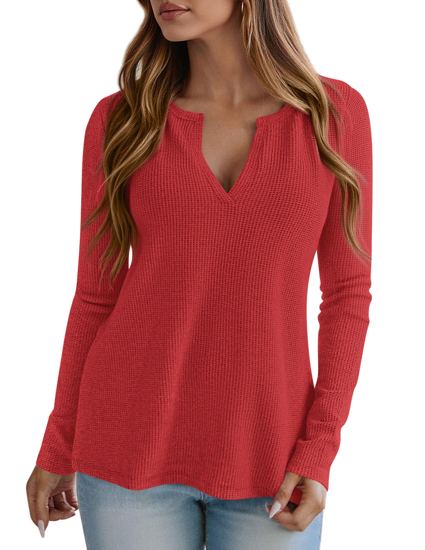 Long Sleeve Shirts for Women Waffle Knit Tops,Red,S