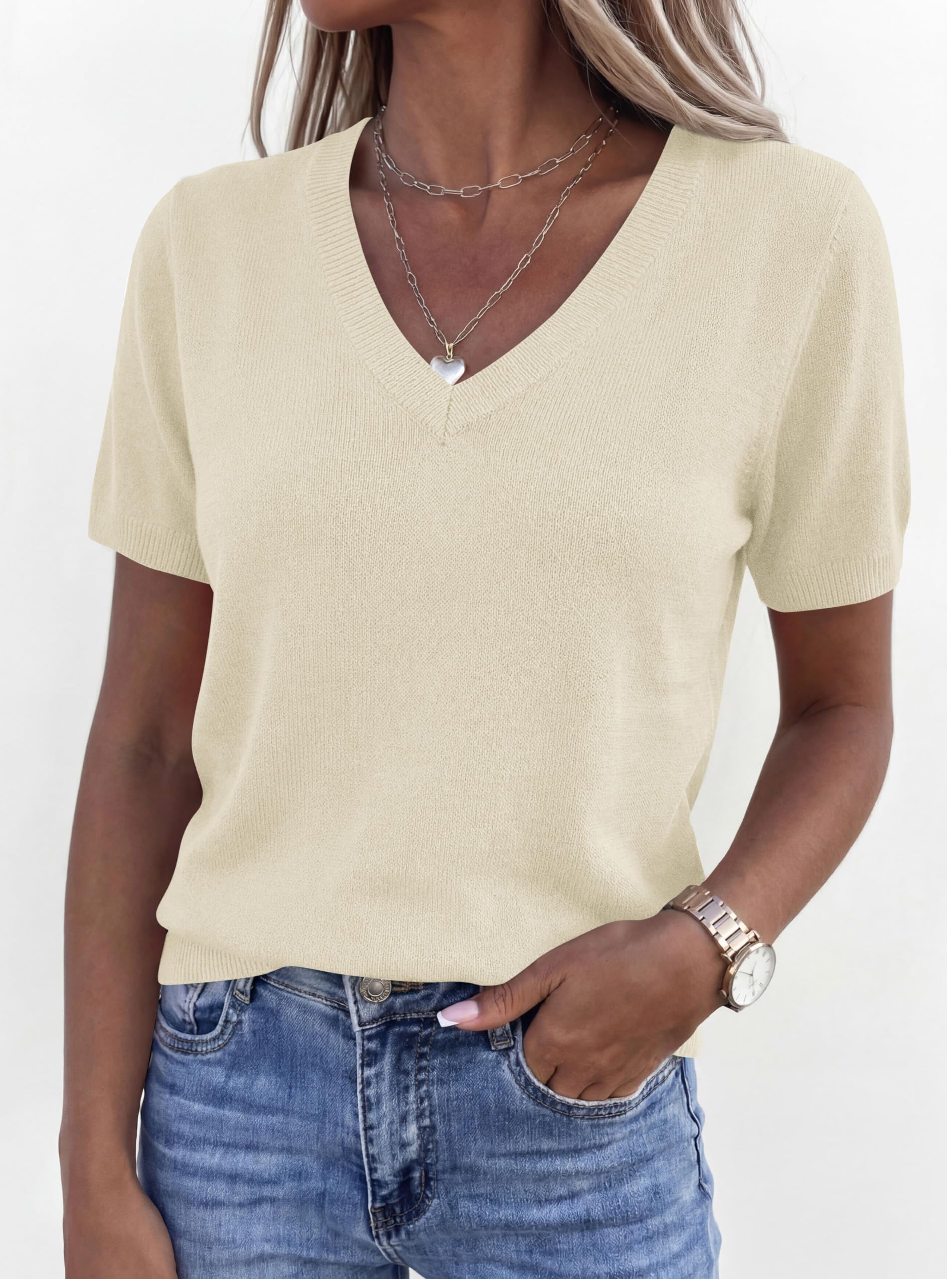 Womens Short Sleeve Sweater V Neck Tops,Beige,M