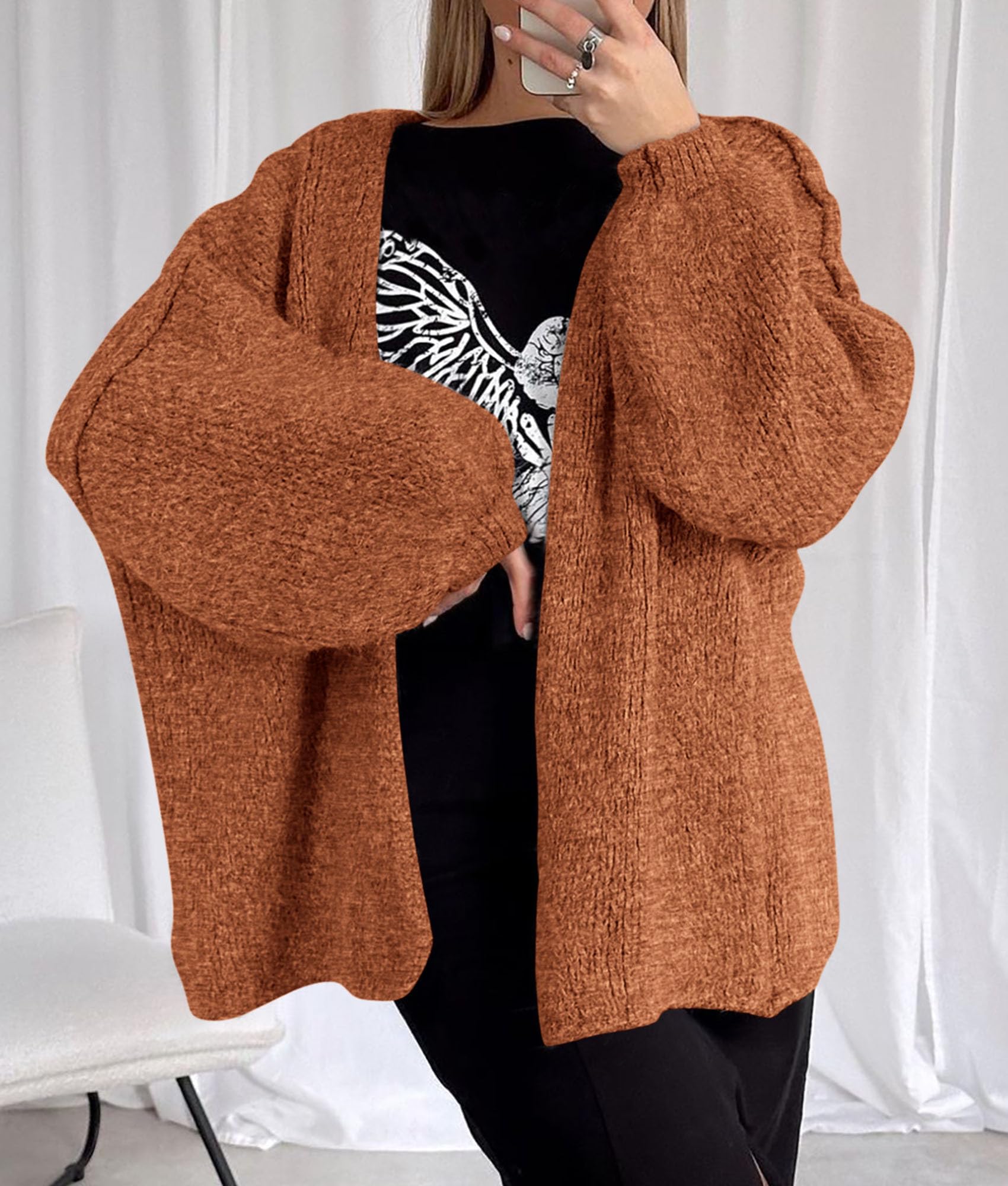 Womens Open Front Oversized Cardigan Sweaters,Brick Red,XS