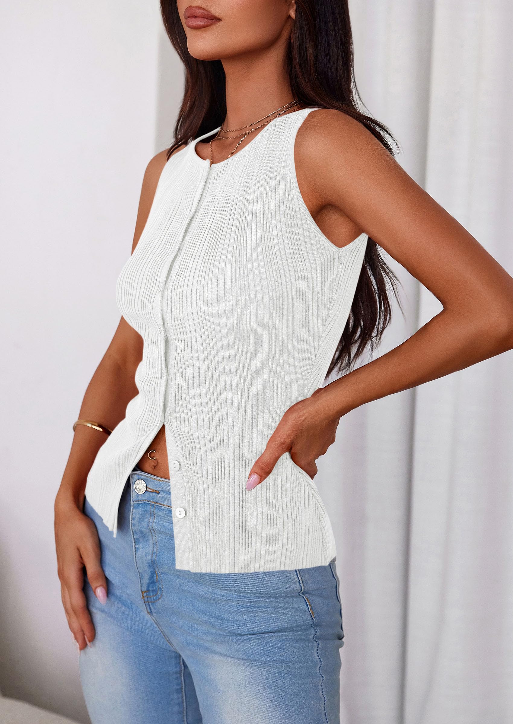 Sleeveless Button Down Shirts for Women Summer 2026 Going Out Ribbed Knit Tank Tops Y2K Clothes Trendy Vest Tops White