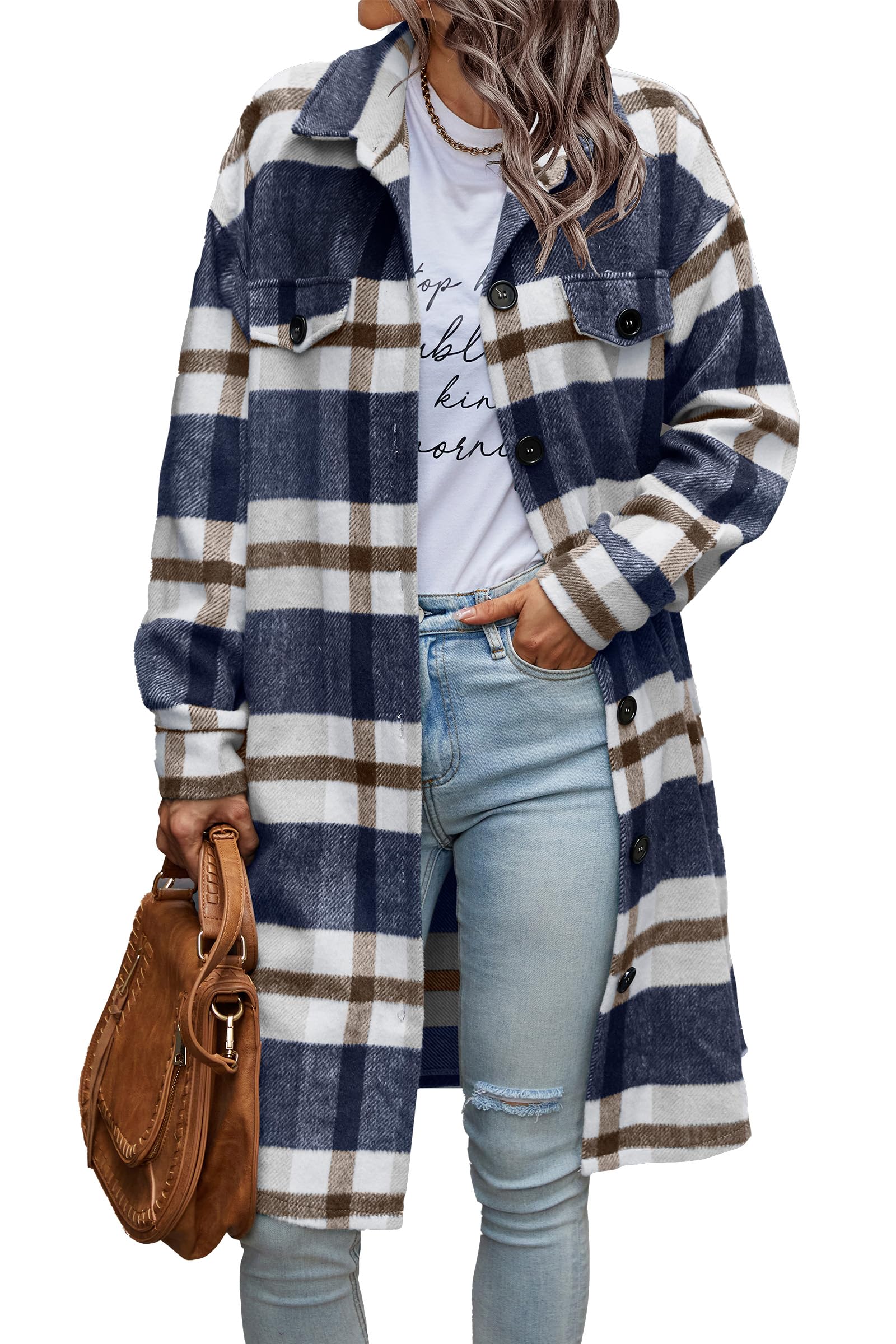 Womens Plaid Shacket Jacket Flannel Shirts,Plaid Navy,S