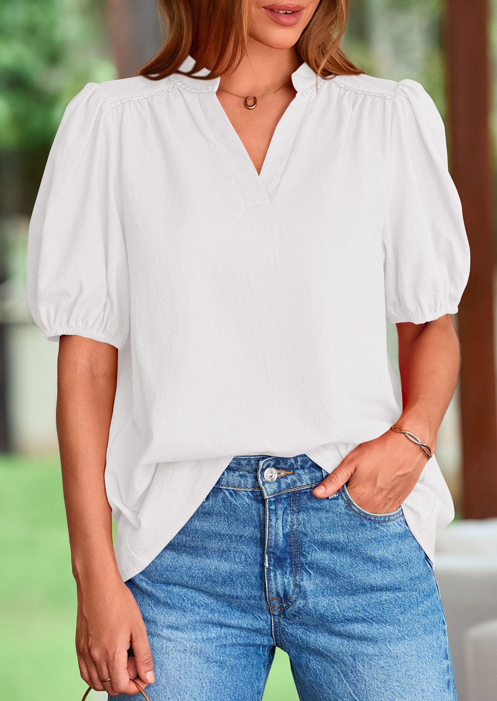 Womens Short Puff Sleeve V Neck Blouses,White,L