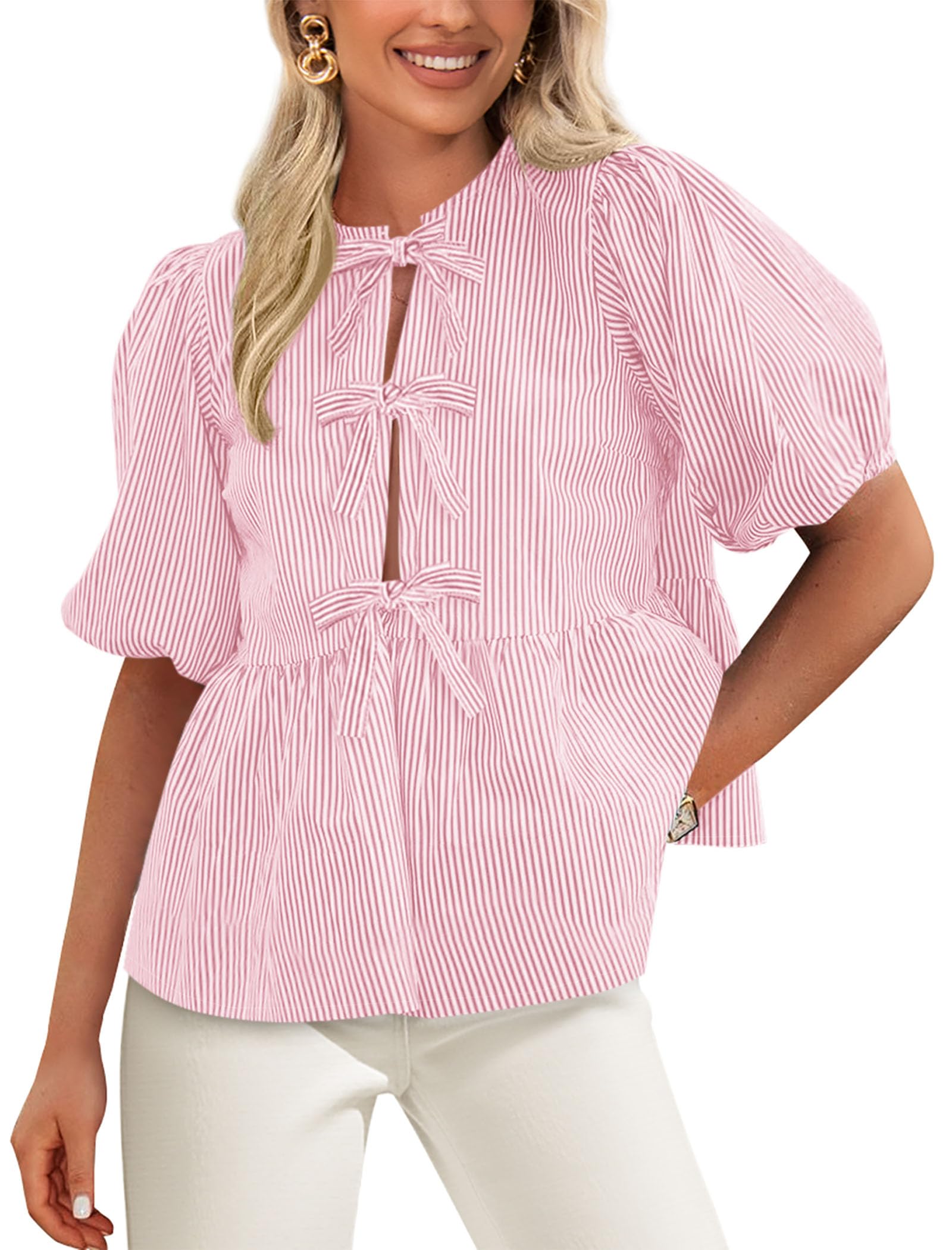 Women Striped Tie Front Babydoll Peplum Tops, Pink,S