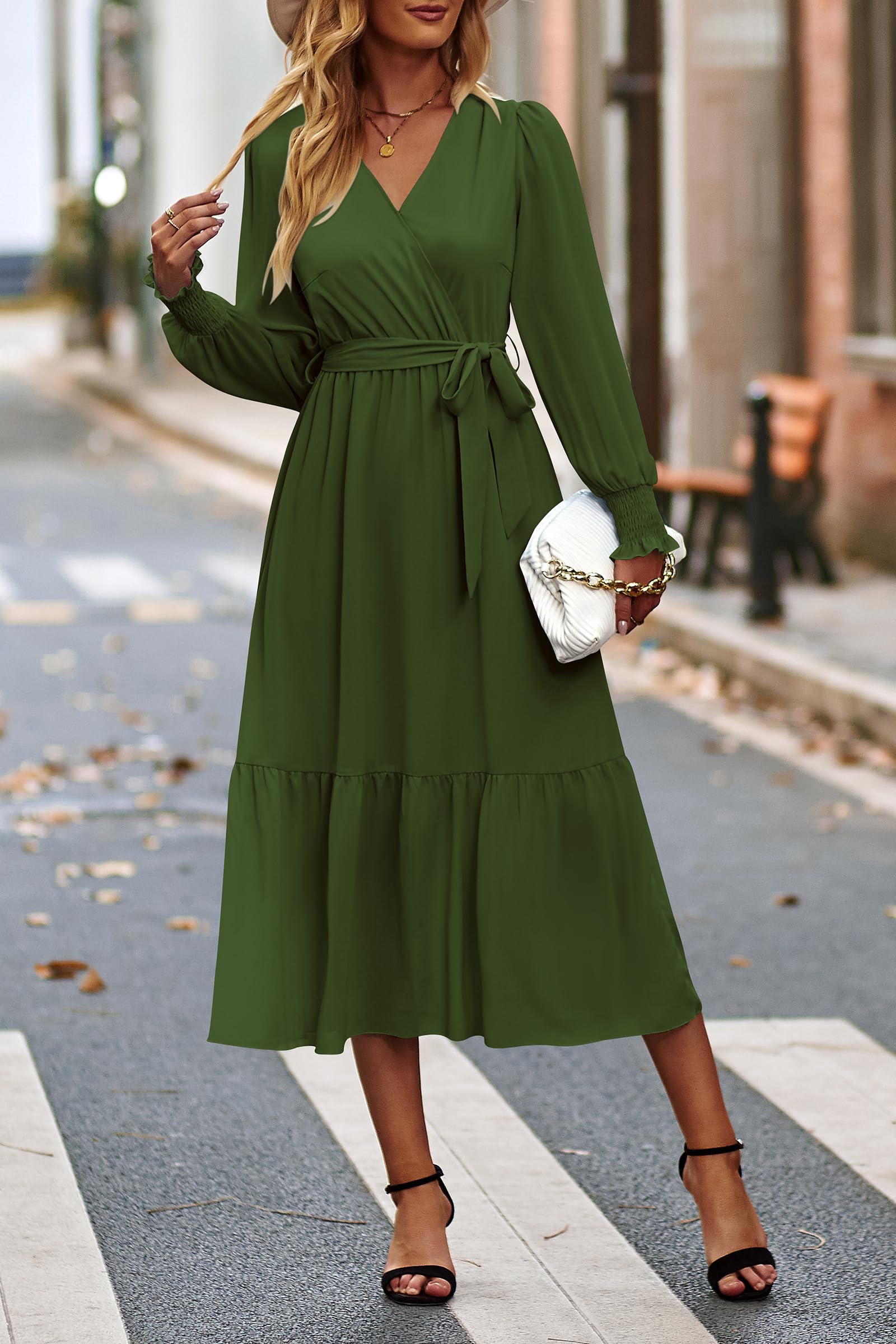 Women's Boho Long Sleeve Maxi Dress, Solid Army Green,S
