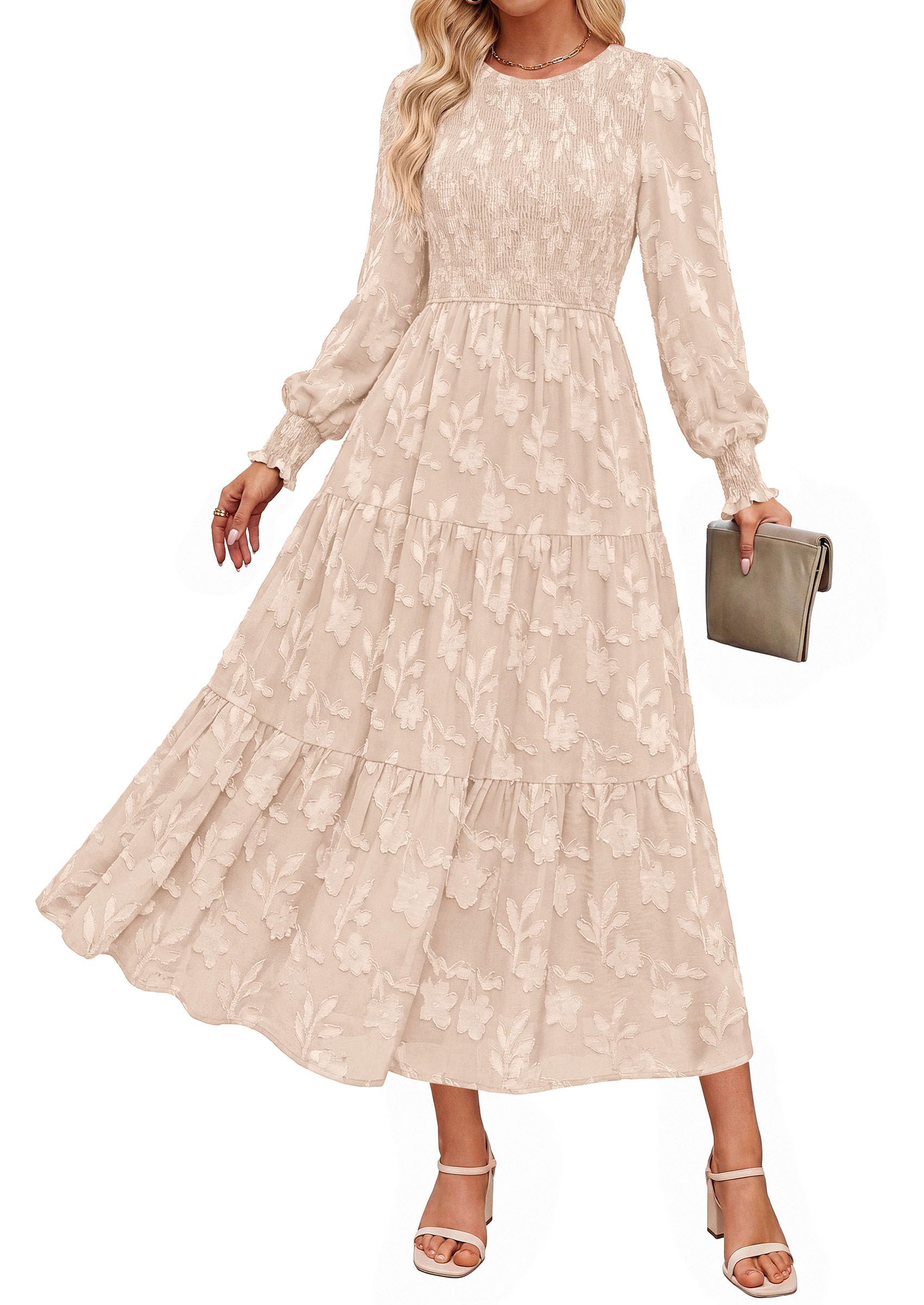 Fall Floral Long Sleeve Wedding Guest Dress for Women Pockets