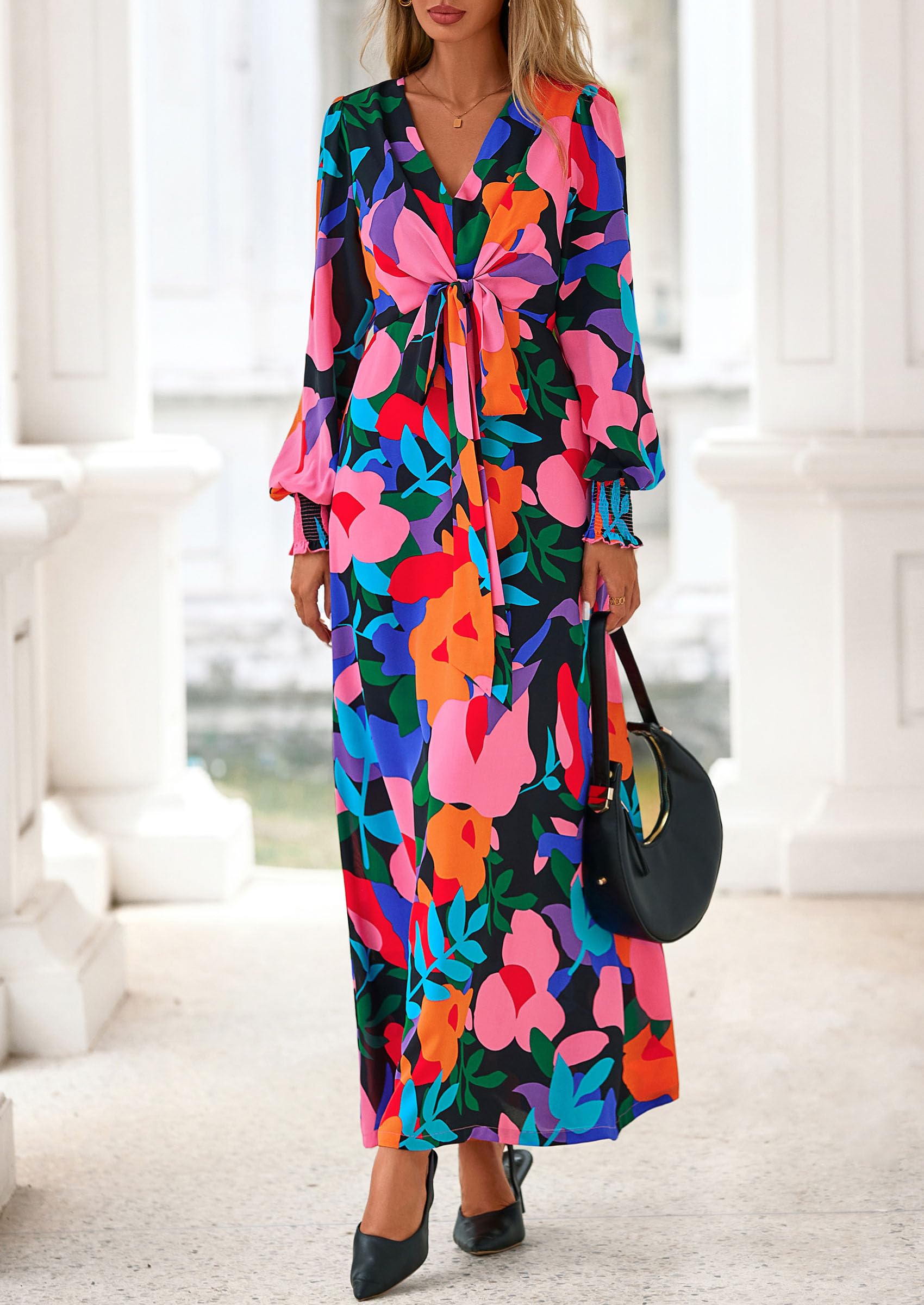 Women's Tie Waist Floral Maxi Dress,Floral Black,S