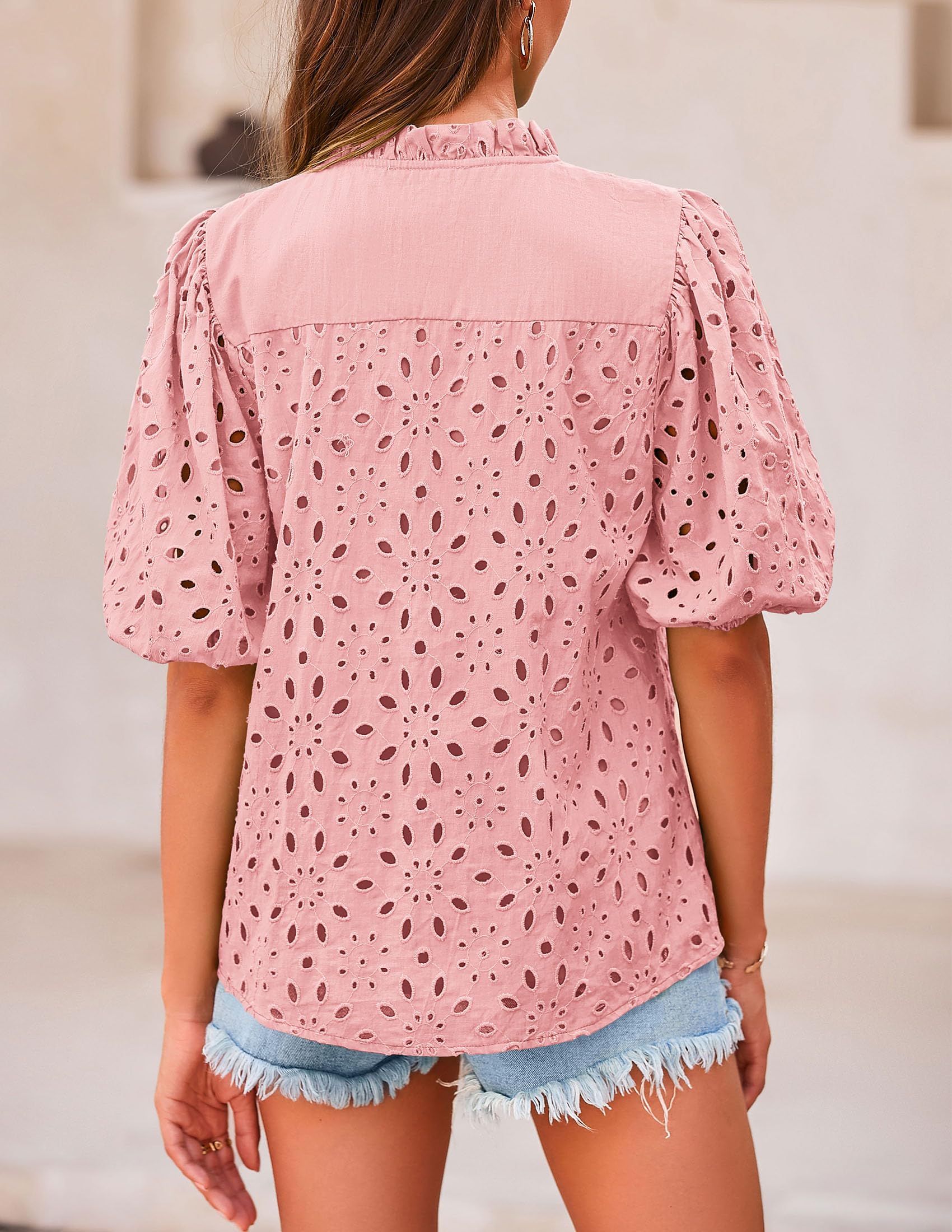 Womens Tops Boho Eyelet Puff Sleeve Blouse, Pink,S