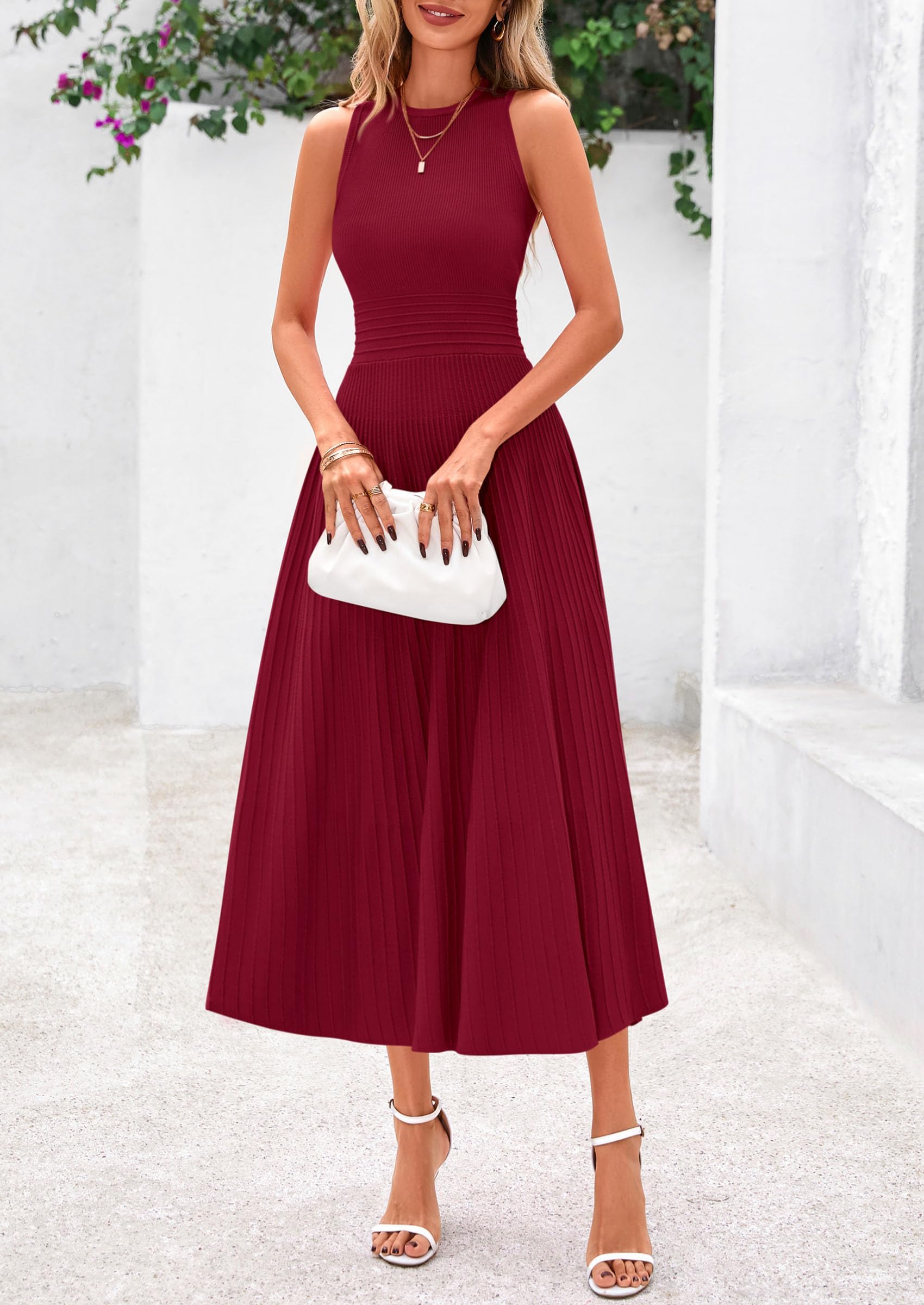 Women's Summer Pleated Midi Work Dress,Burgundy,S