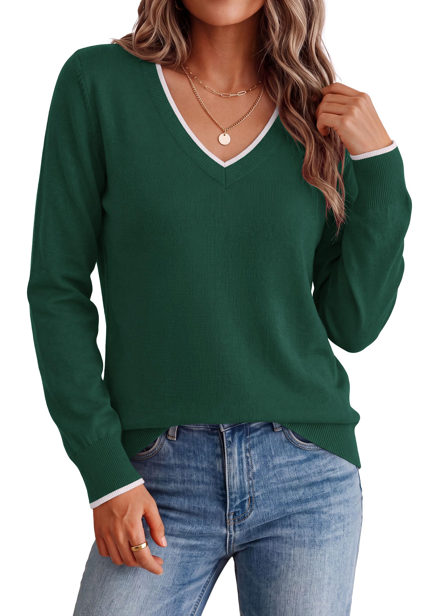 Women's V Neck Sweater Long Sleeve Knit Tops (Dark Green,S)
