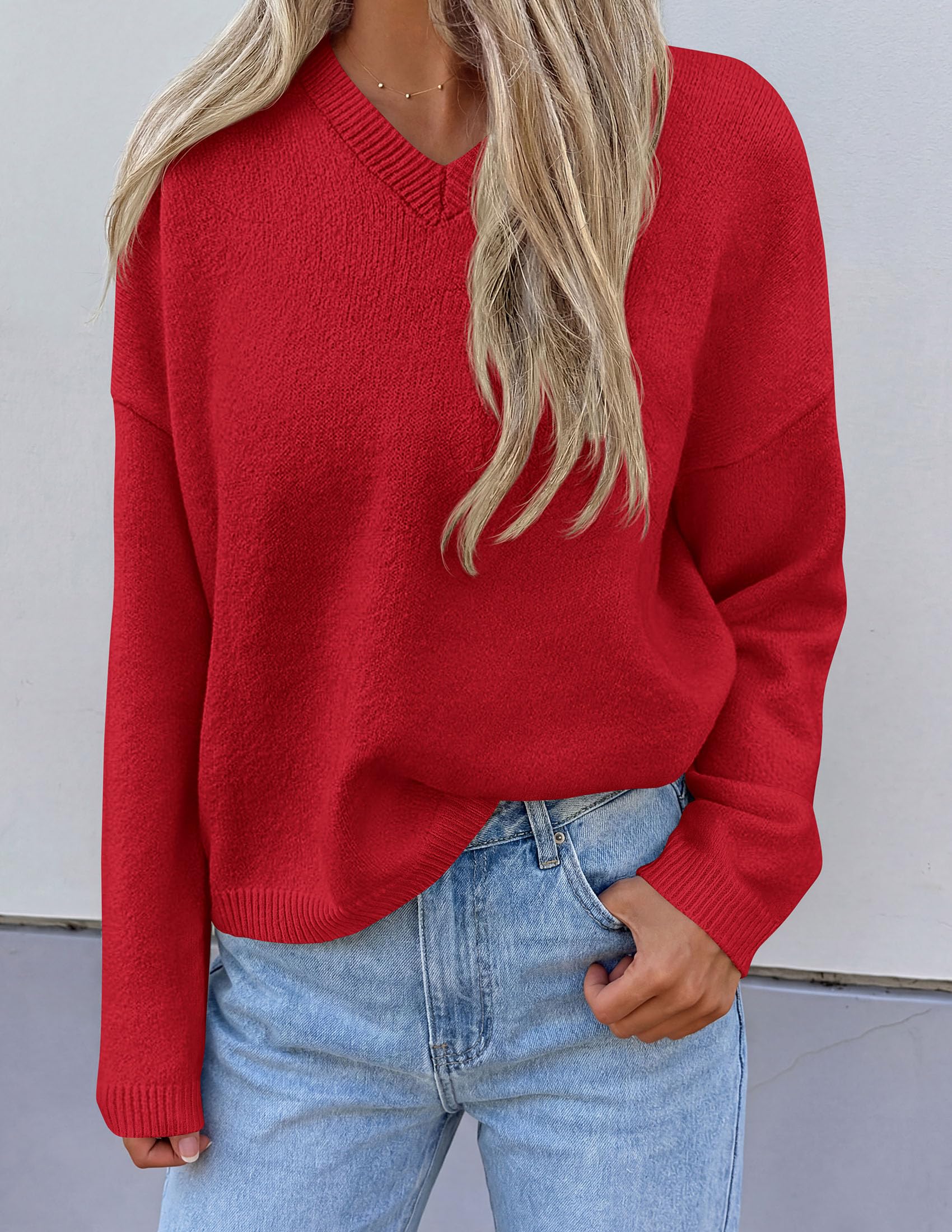 Women's Cozy Sweaters Fall Fashion V Neck Tops Red,S