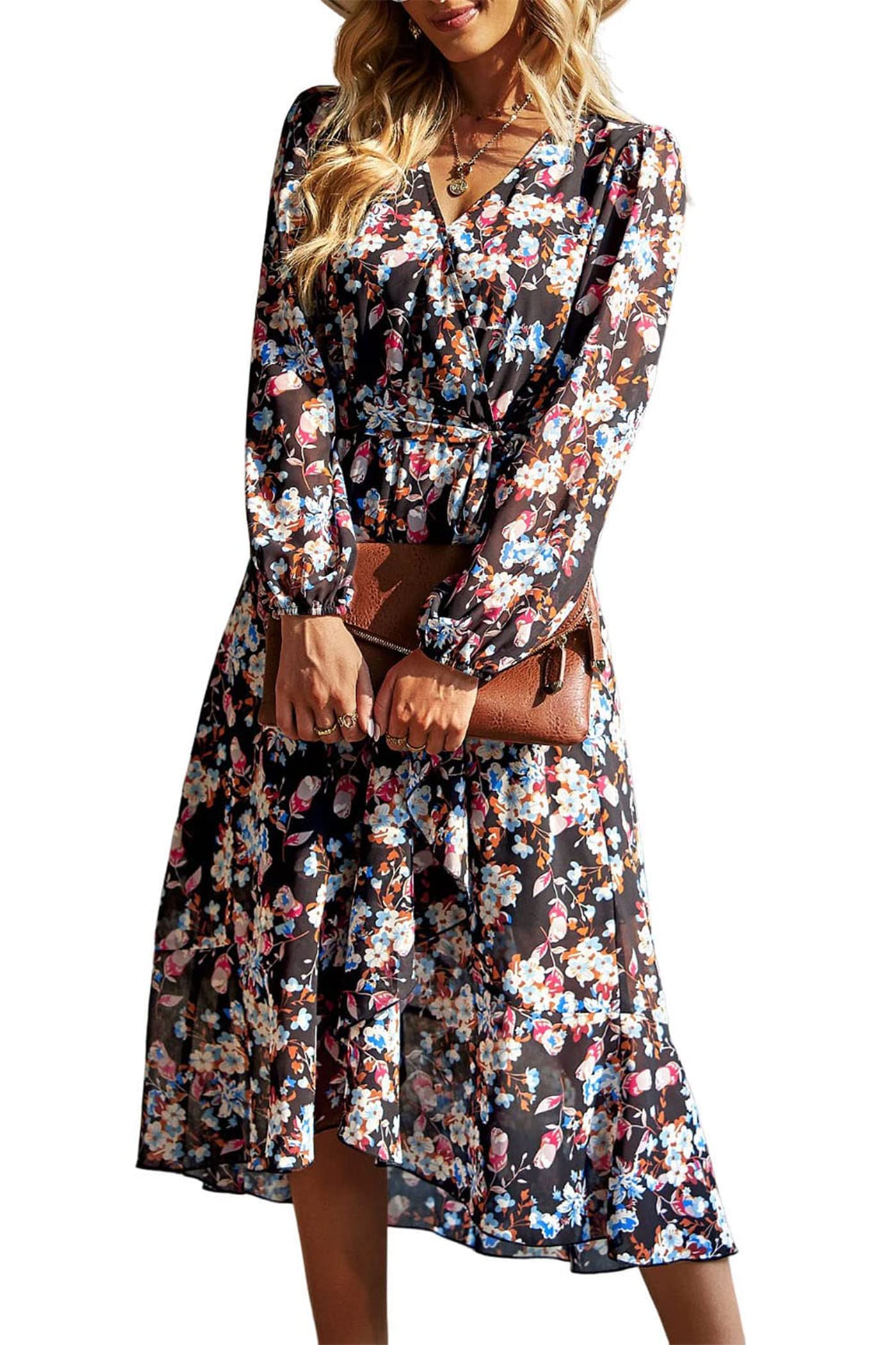Women's Floral Boho Long Sleeve Maxi Dress, Floral Black,S