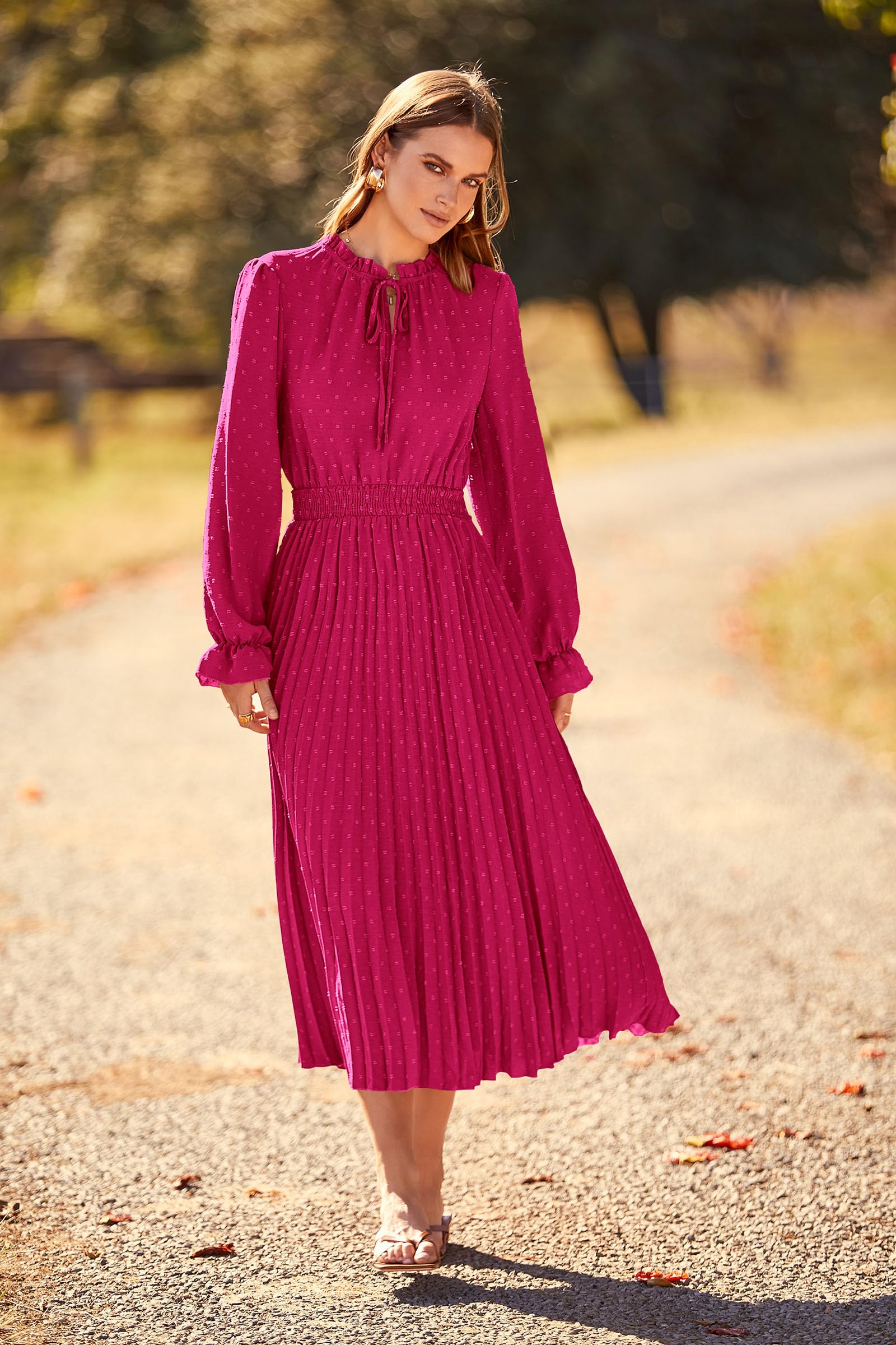 Women's Fall Midi Wedding Guest Dress(Rose Red,Small)