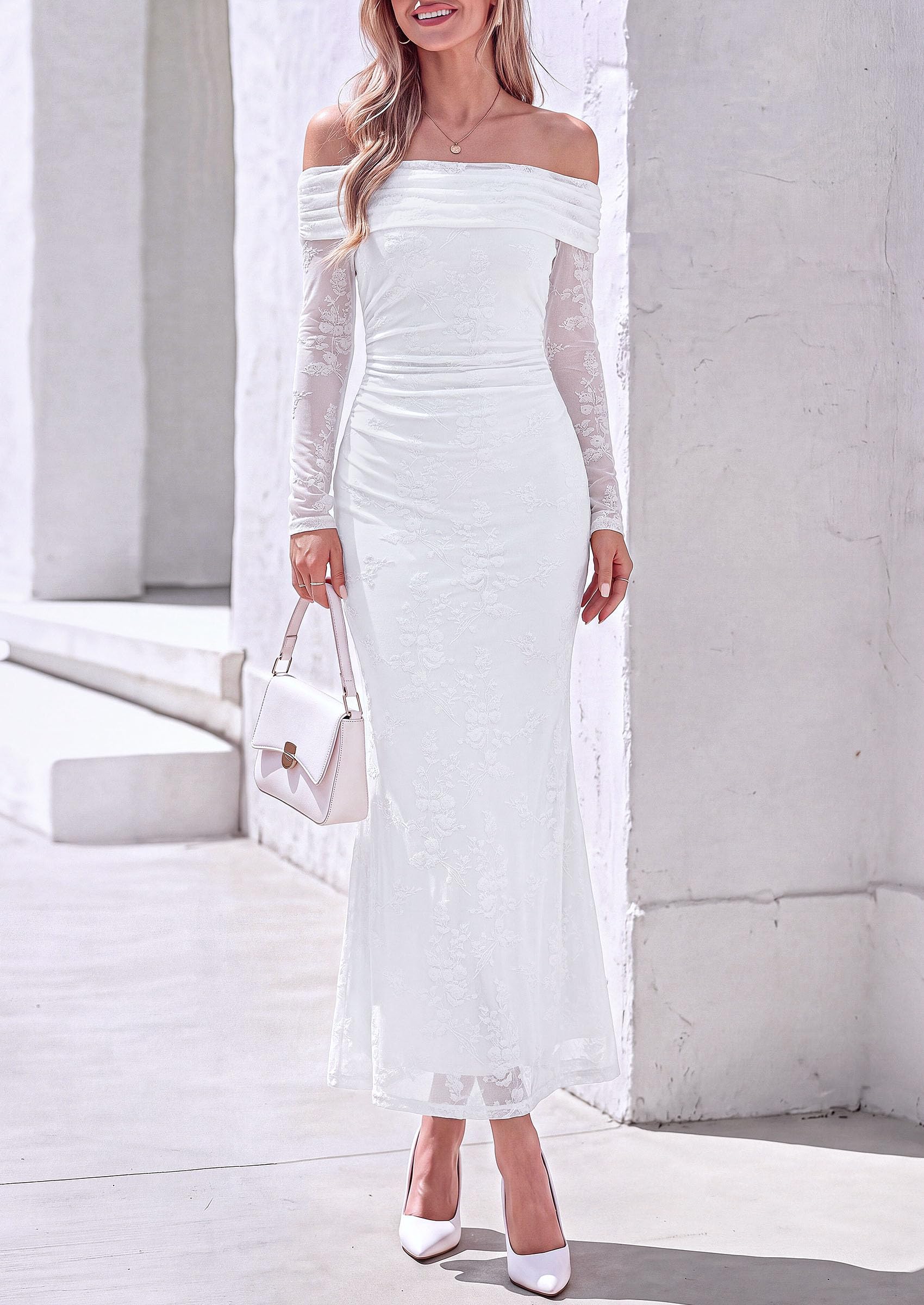 Womens Fall Off Shoulder Floral Maxi Wedding Guest Dress White