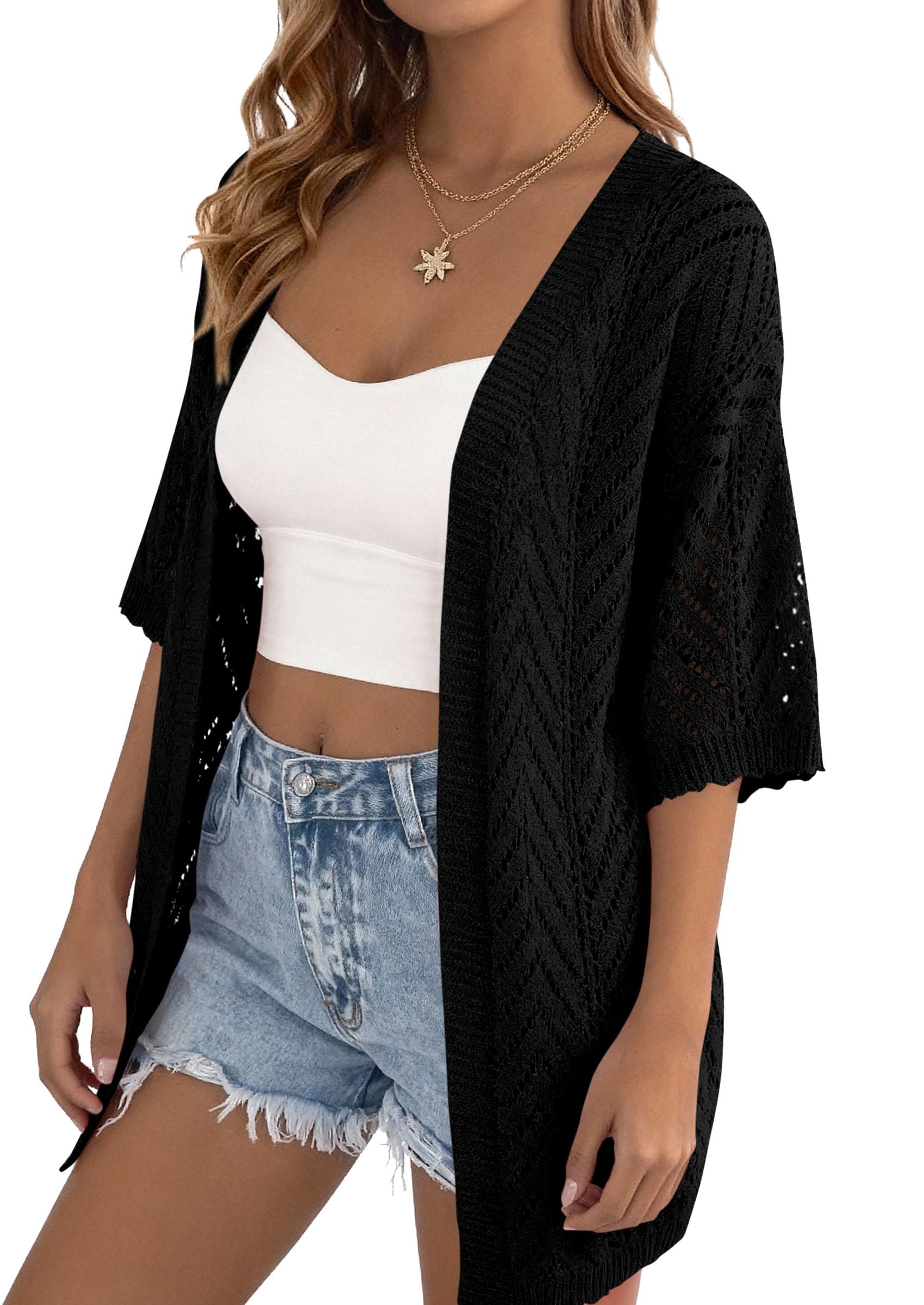 Women Lightweight Summer Short Sleeve Cardigan, Black,S