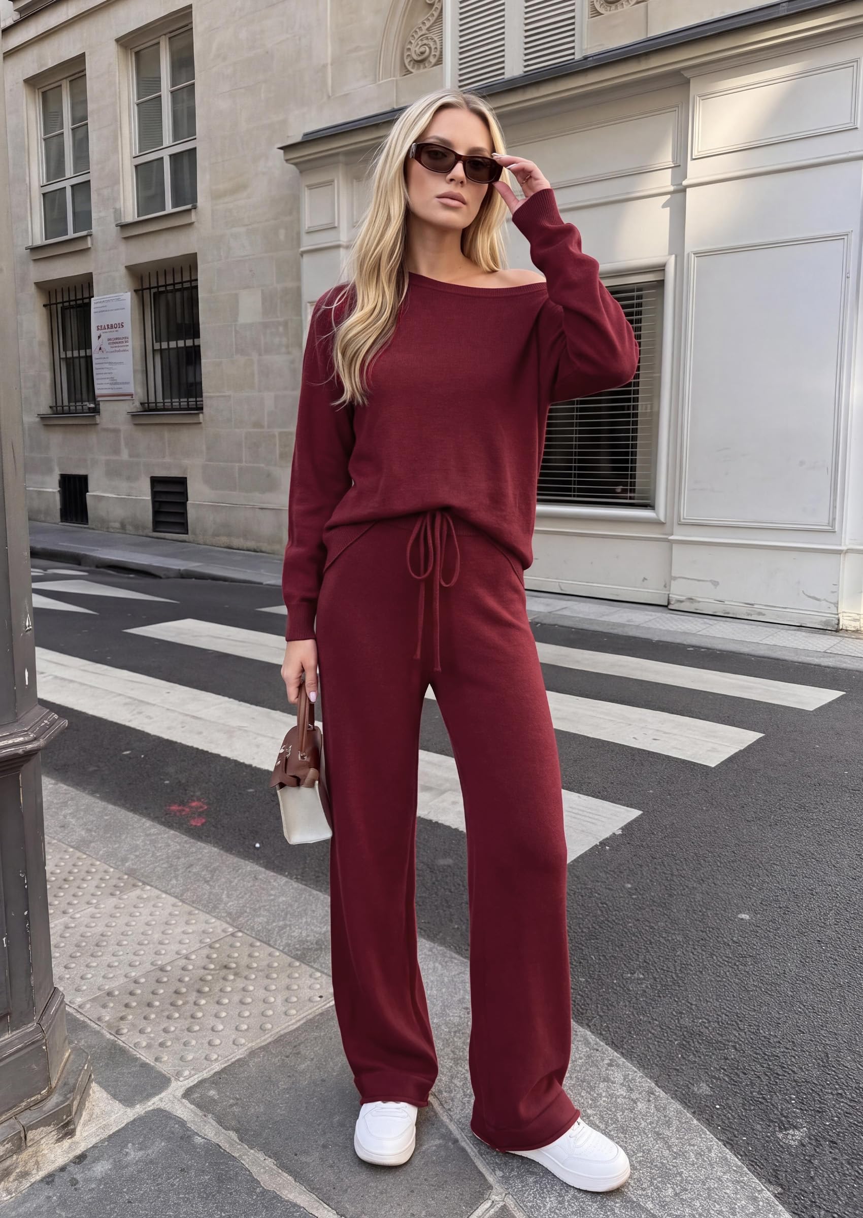 Lounge Sets Womens Sweaters Two Piece Outfits (Wine Red,S)