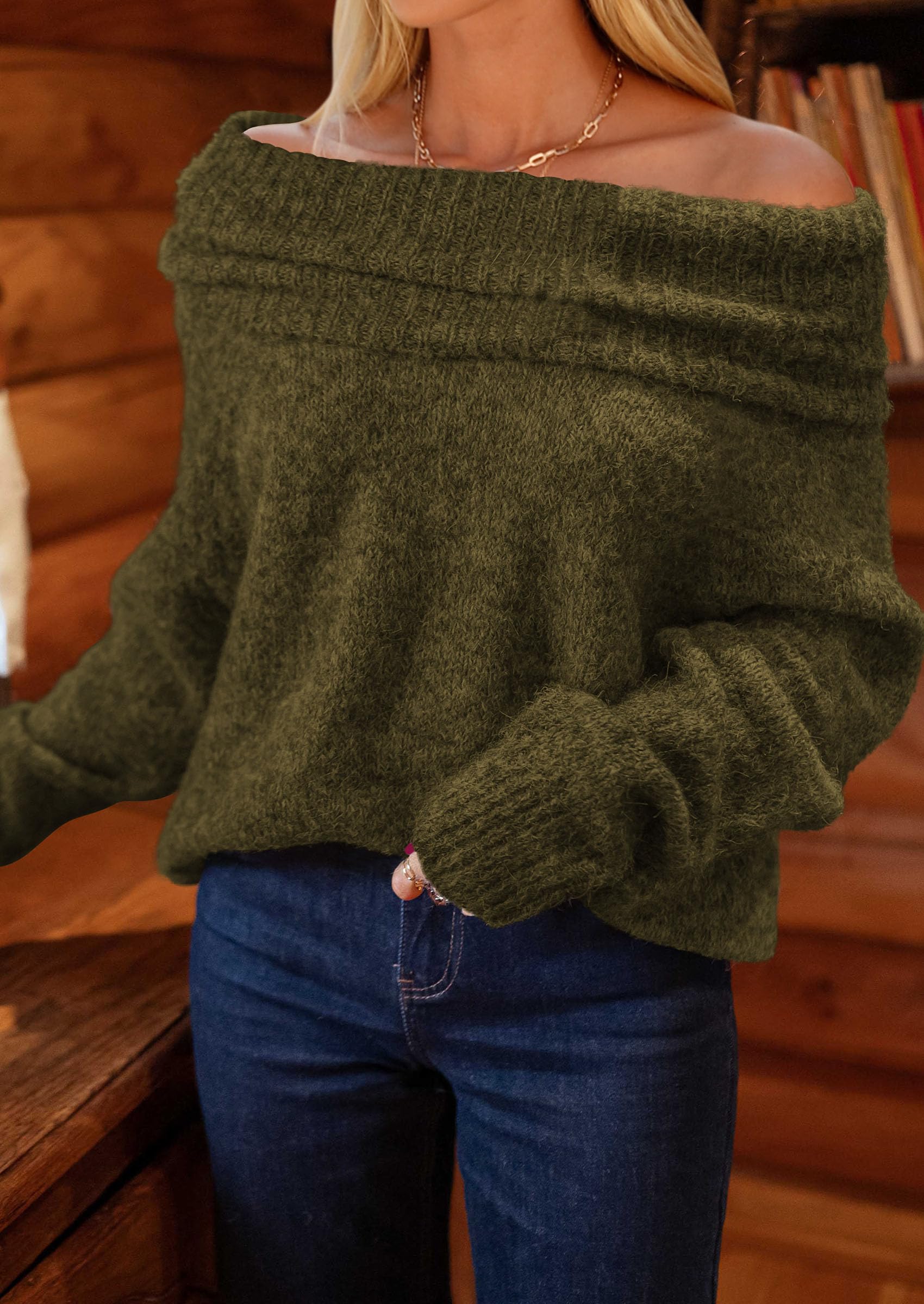 Women's Fall Off The Shoulder Sweater,Army Green,S