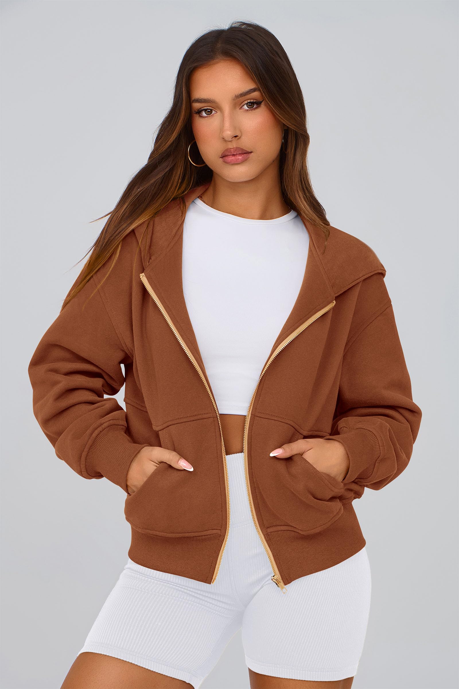 Hoodies for Women Fall Fashion Zip Up Fleece Plain Sweatshirt