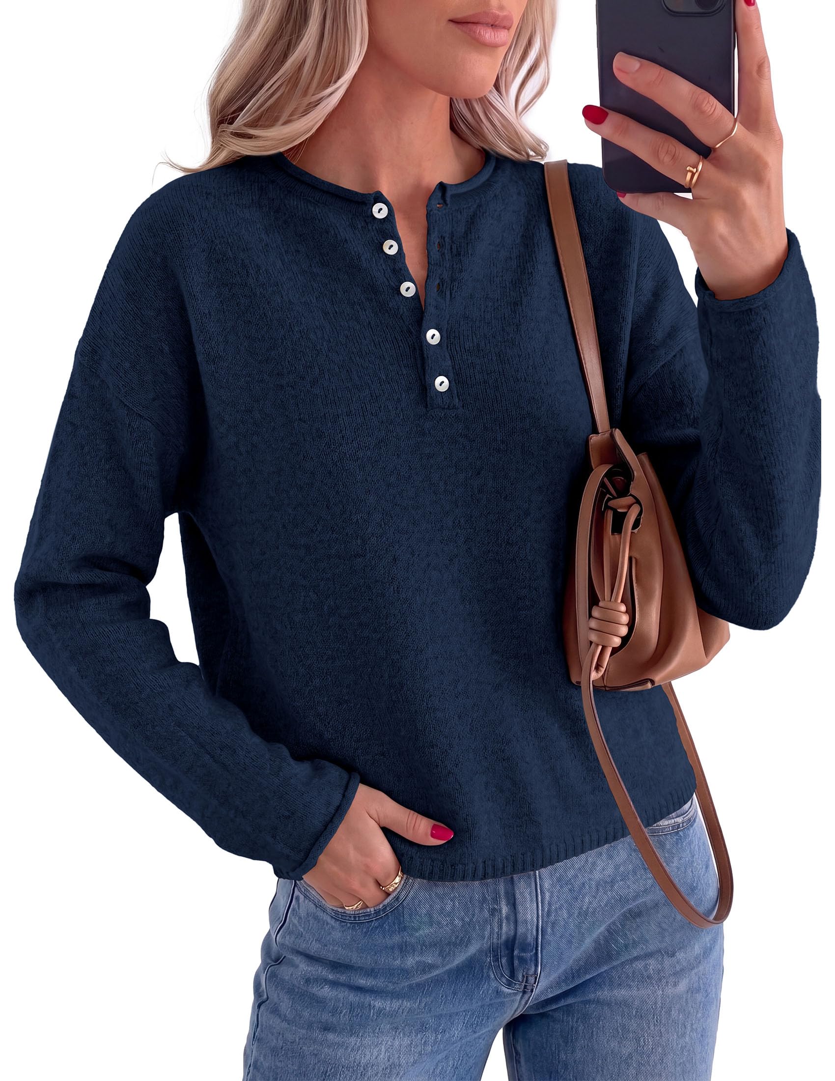 Women's Henley Cozy Sweaters Button Up Pullover Navy Blue S