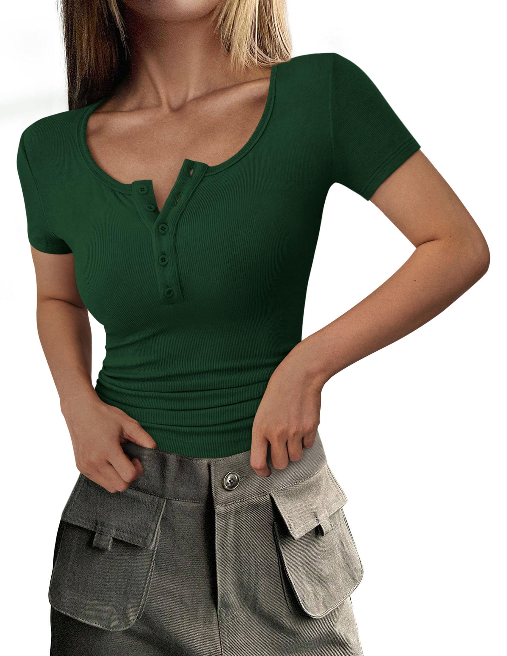 Women's Summer Tops Henley Tee Shirts (Dark Green,X-Small)