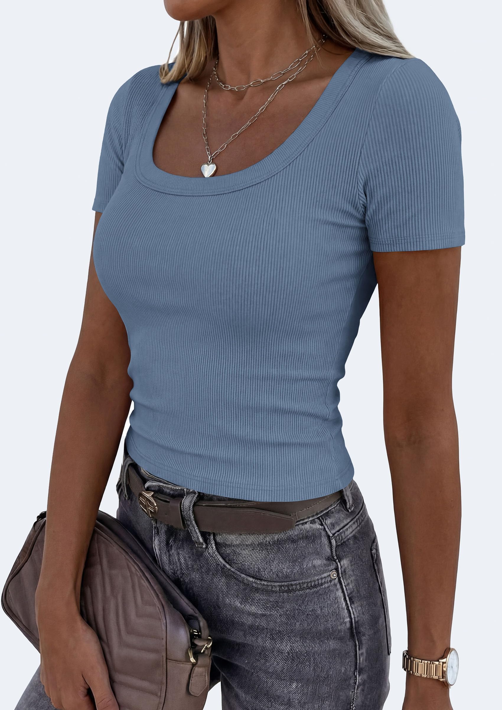 Womens Summer Short Sleeve Scoop Neck Tops,Blue Grey,S