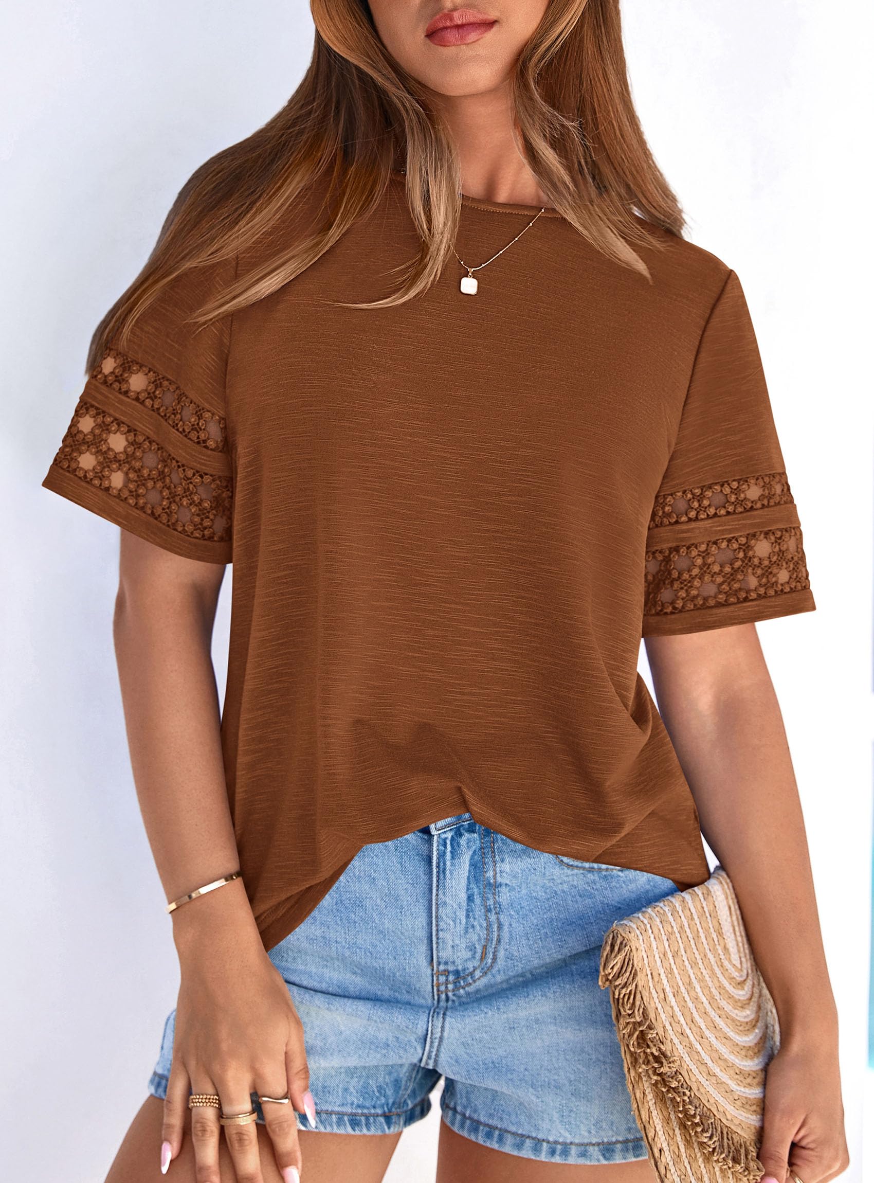 Women's Summer Short Sleeve Lace Trim T-Shirts,Caramel,S