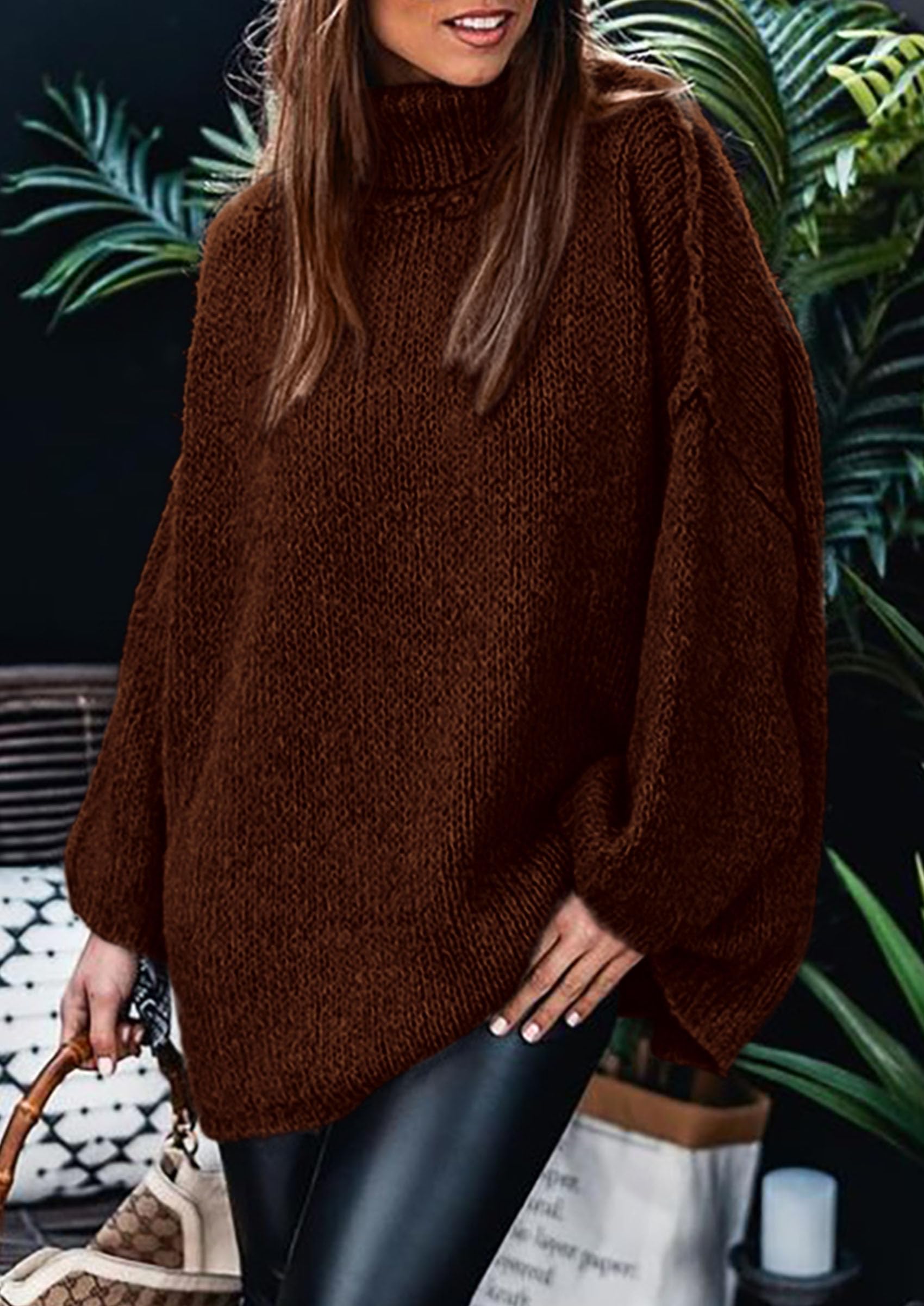 Womens Turtleneck Long Sleeve Oversized Sweaters,Dark Brown,S