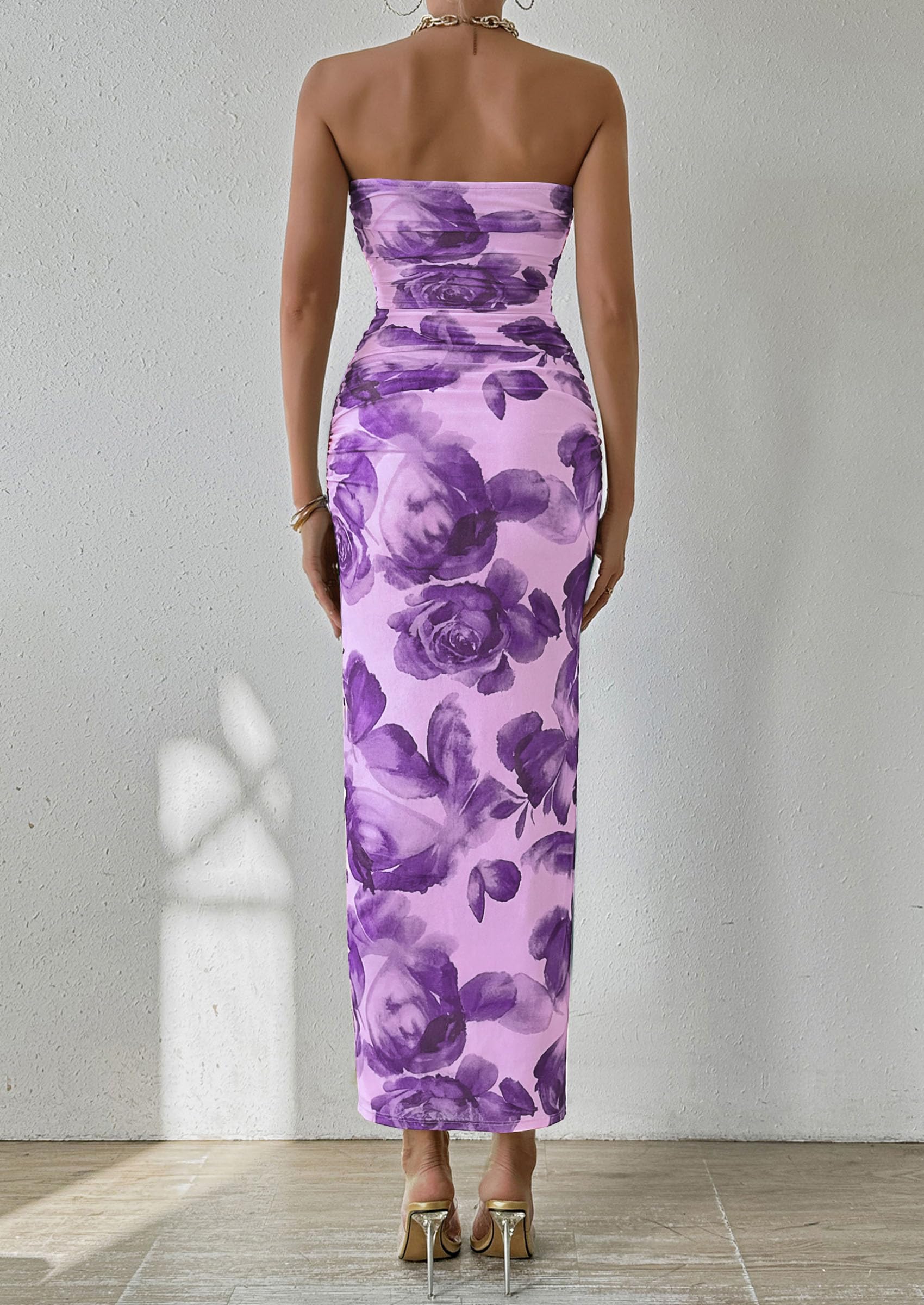 Women's Strapless Bodycon Floral Maxi Dress, Purple Flower,S