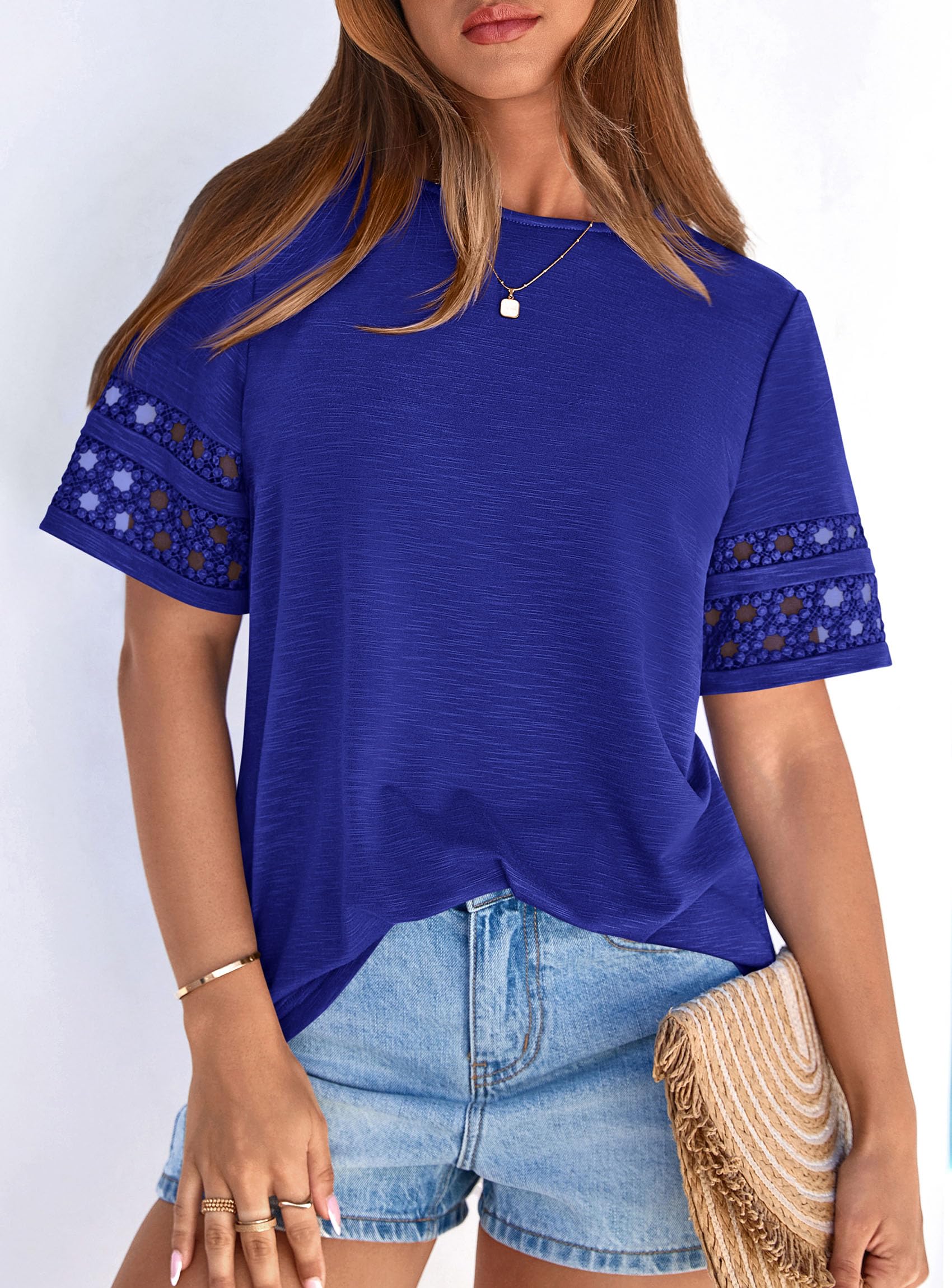 Women's Summer Short Sleeve Lace Trim T-Shirts,Royal Blue,S