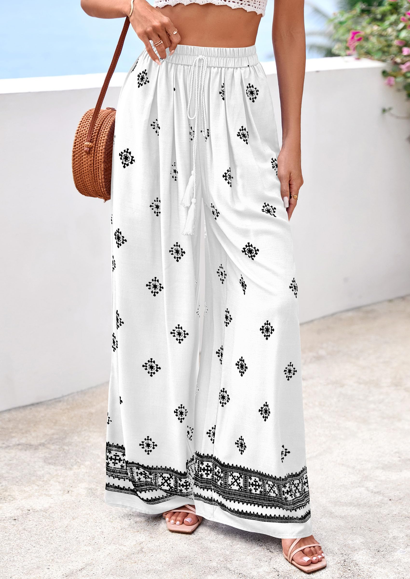 Wide Leg Flowy Boho Pants for Women, White Black,S
