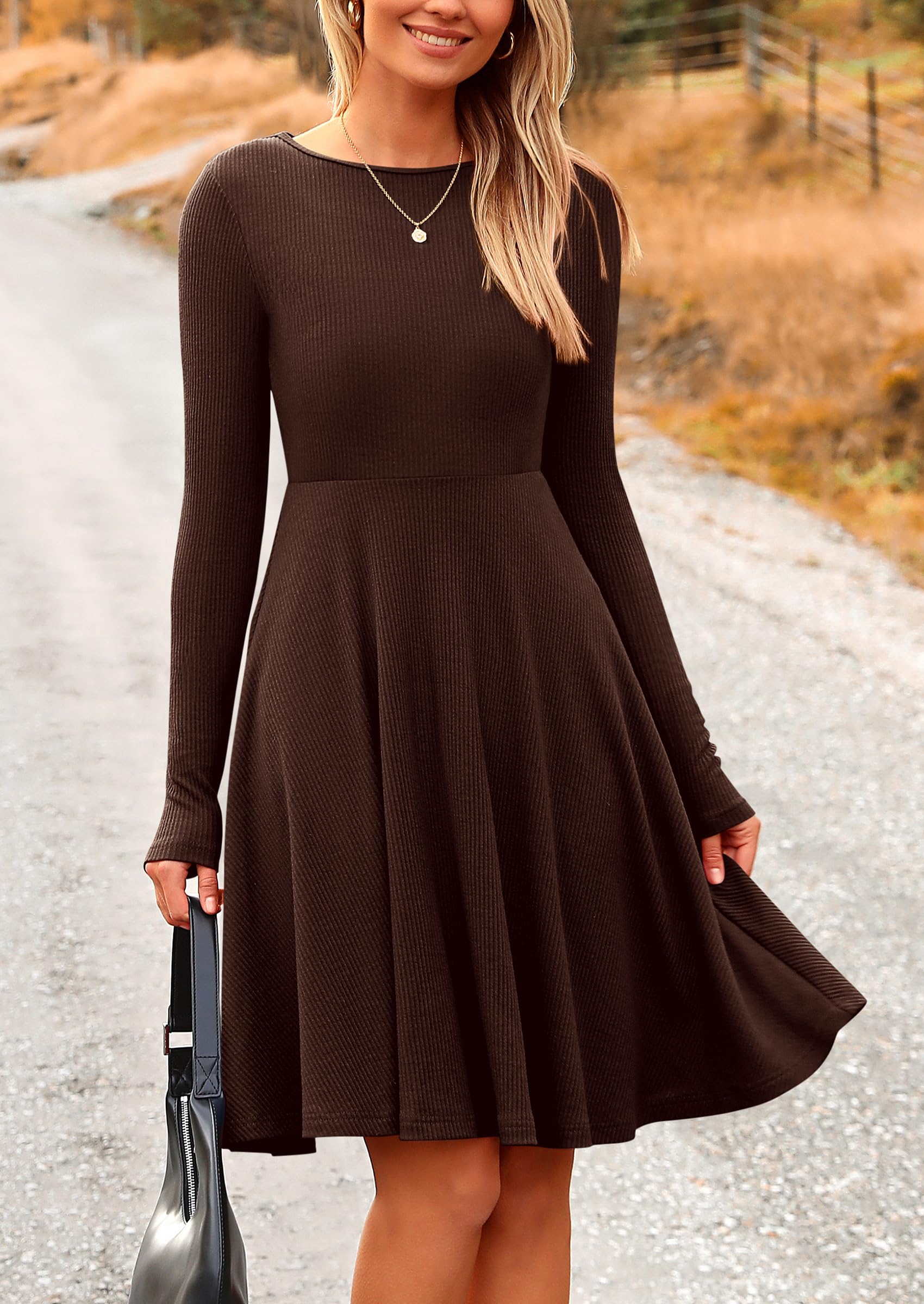 Women's Fall Casual Long Sleeve Short Dress (Dark Coffee,S)