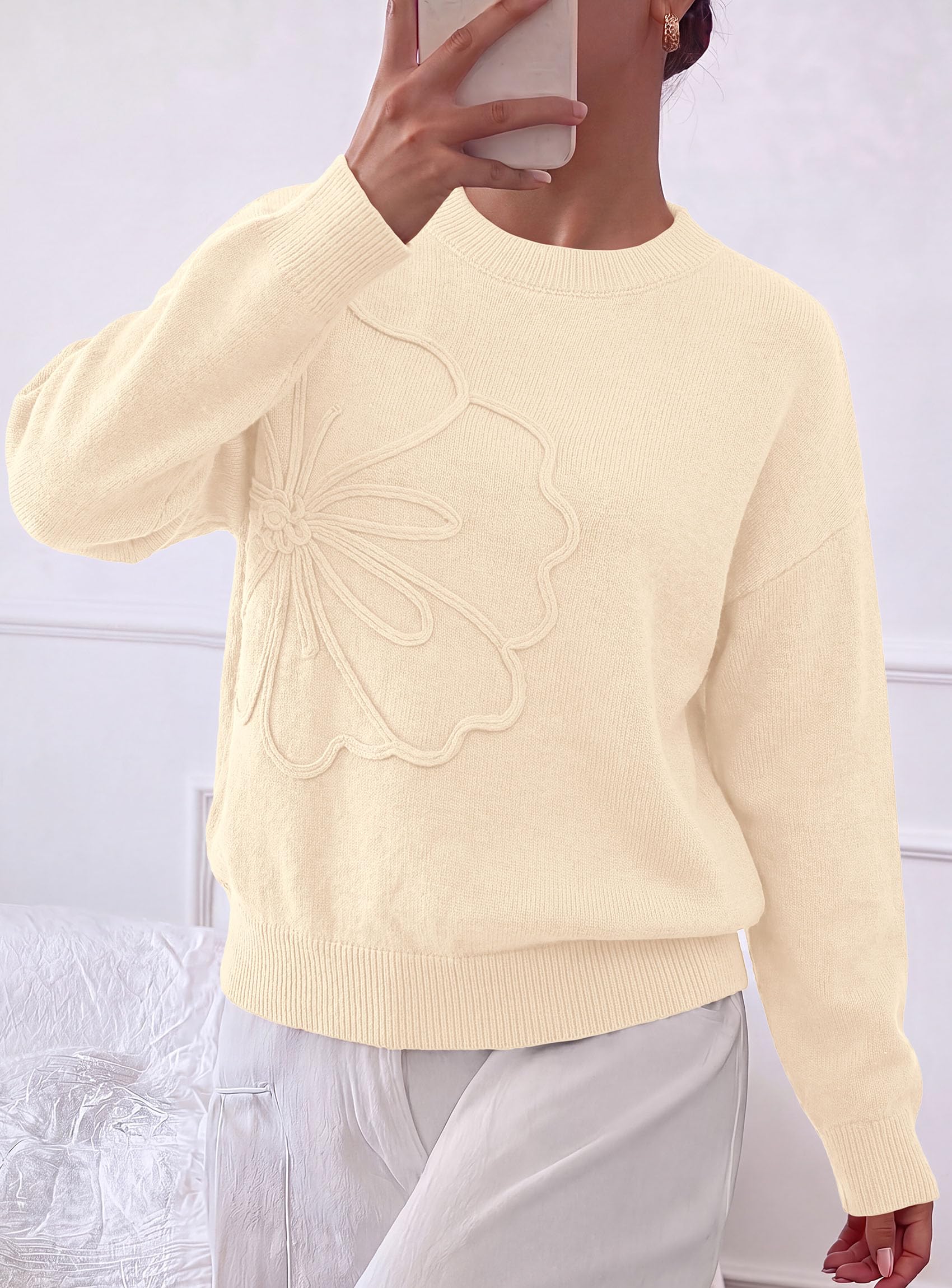 Womens Sweaters Floral Long Sleeve Knit Tops,Beige,S