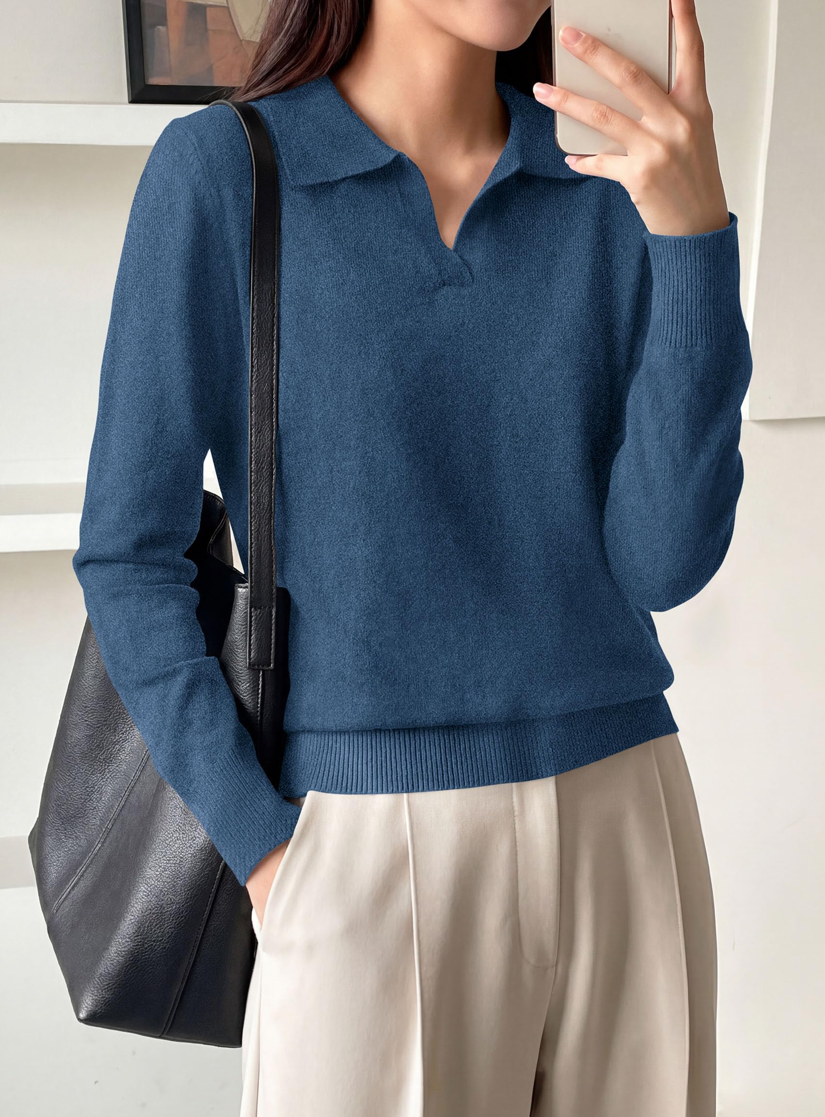 Womens Long Sleeve Collared Polo Sweater,Navy Blue,S