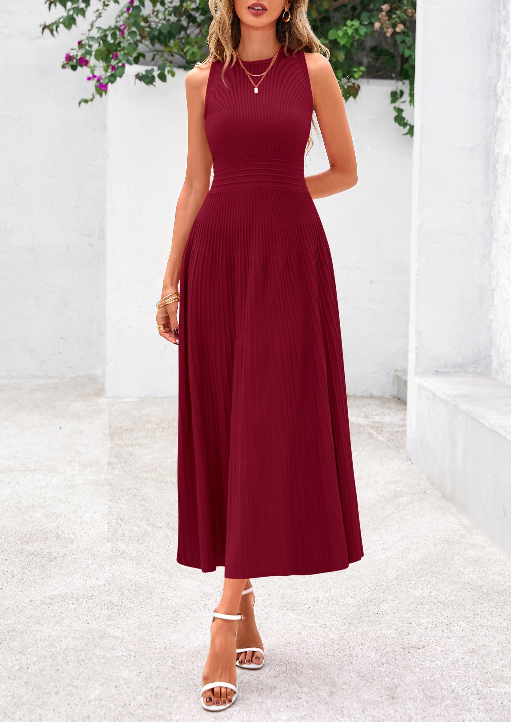 Women's Summer Pleated Midi Work Dress,Burgundy,S