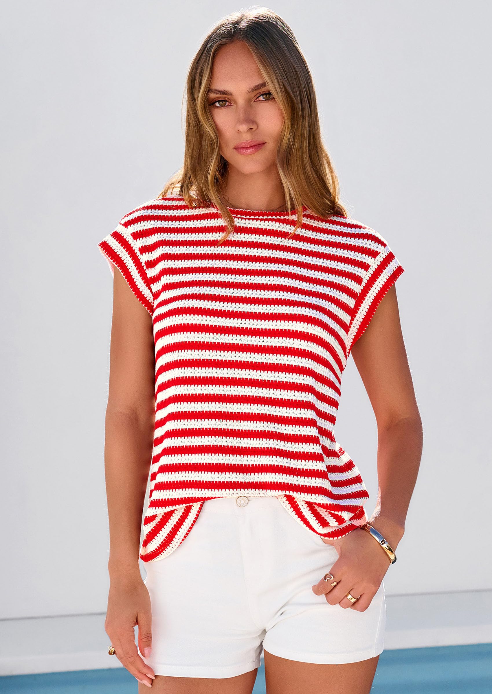 Women's Striped Knit Vest Tops, Striped Red White,S