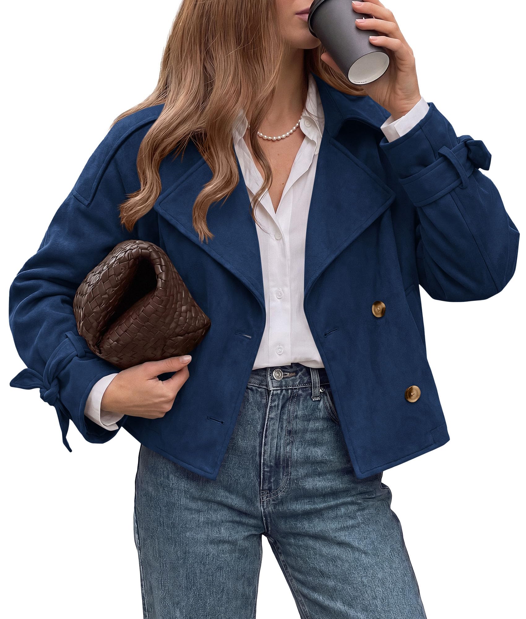 Women Faux Suede Double Breasted Trench Coat Cropped Jackets