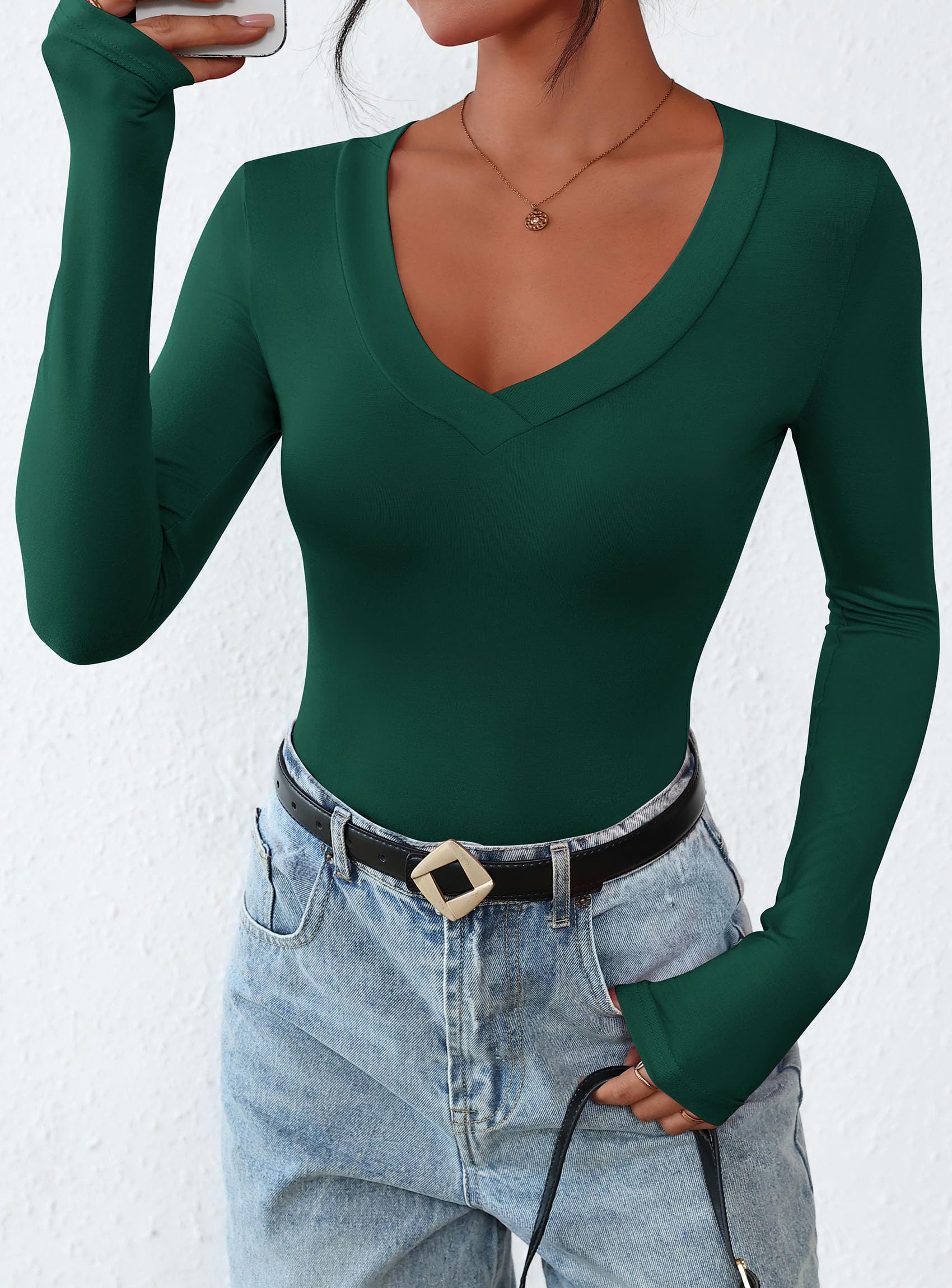 Women's V Neck Long Sleeve Shirts,Dark Green,X-S