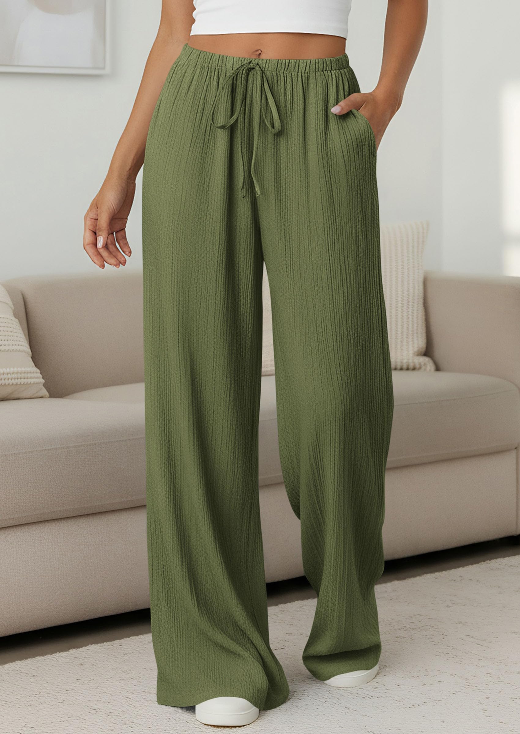 Women's Palazzo Pants Casual Wide Leg Trousers,Army Green,S