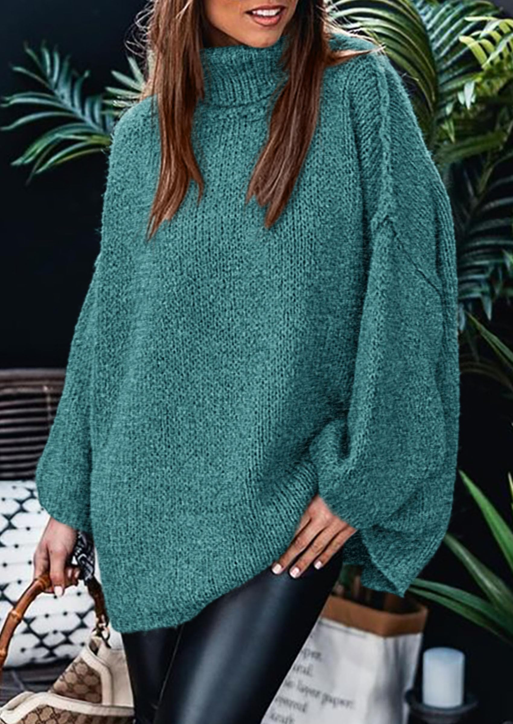 Womens Turtleneck Long Sleeve Oversized Sweaters,Teal,S