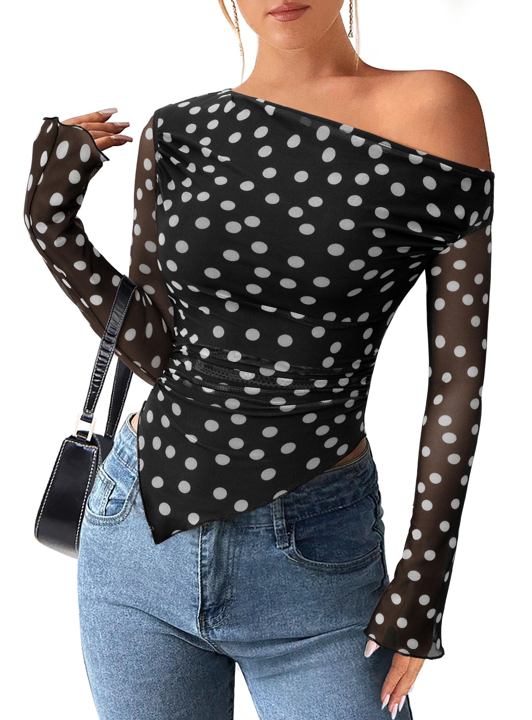 Womens Off Shoulder Mesh Y2k Tops,Small Dot Black,XS