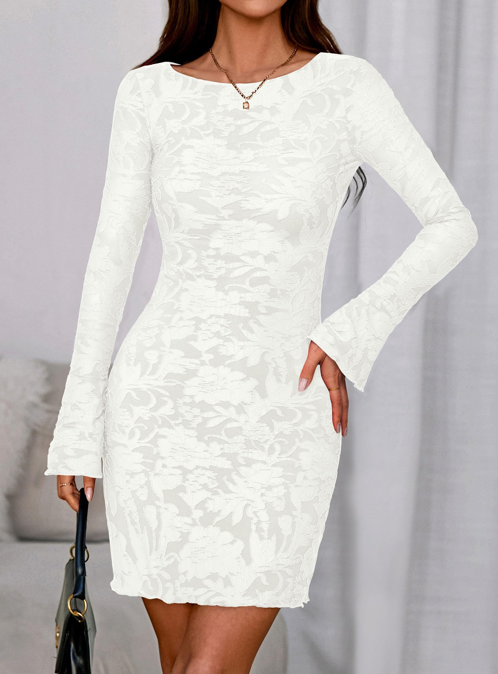 Women's Fall Floral Long Sleeve Mini Dress (Floral White,XS)